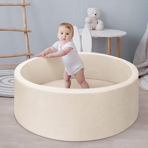 Baby Foam Ball Pit with Free Balls, Round Soft Play Pool for Infants and Toddlers, Cream Beige