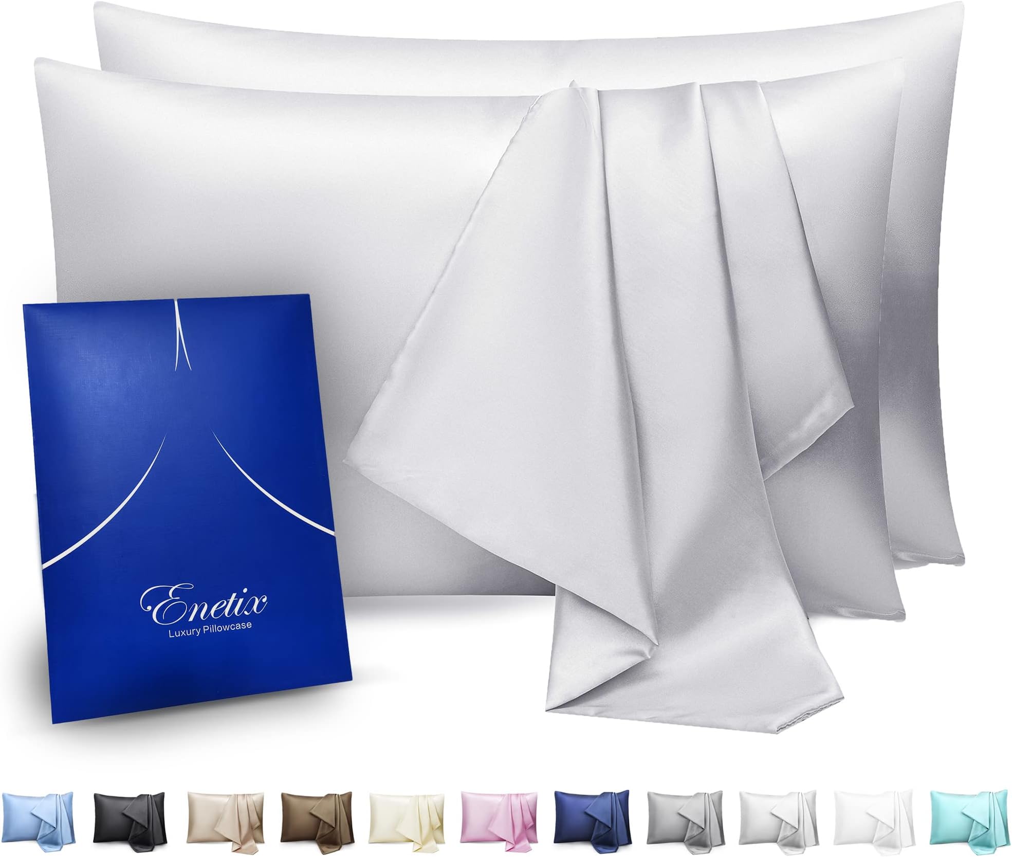 Silk Satin Pillowcase for Hair and Skin, 2-Pack with Gift Package, Acne Free Hidden Zipper Pillow Cover (Standard (50 x 75cm), Silver)