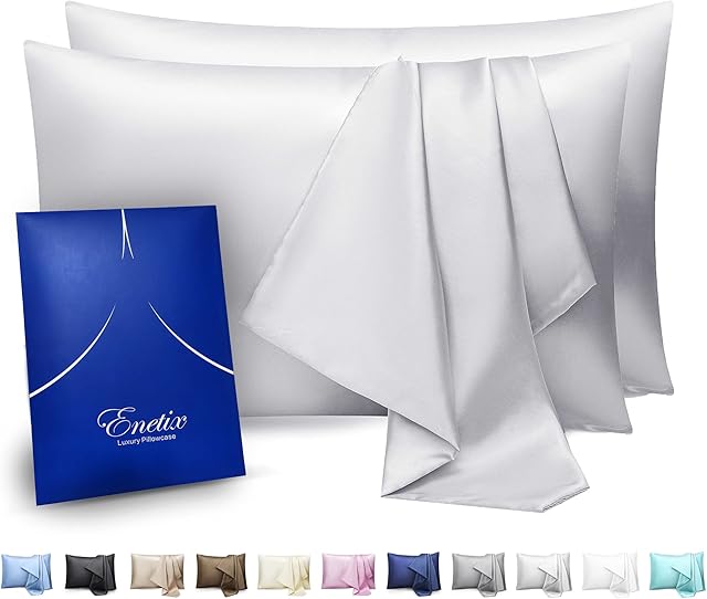 Enetix Silk Satin Pillowcase for Hair and Skin, 2-Pack with Gift Package, Acne Free Hidden Zipper Pillow Cover (Standard (50 x 75cm), Silver)