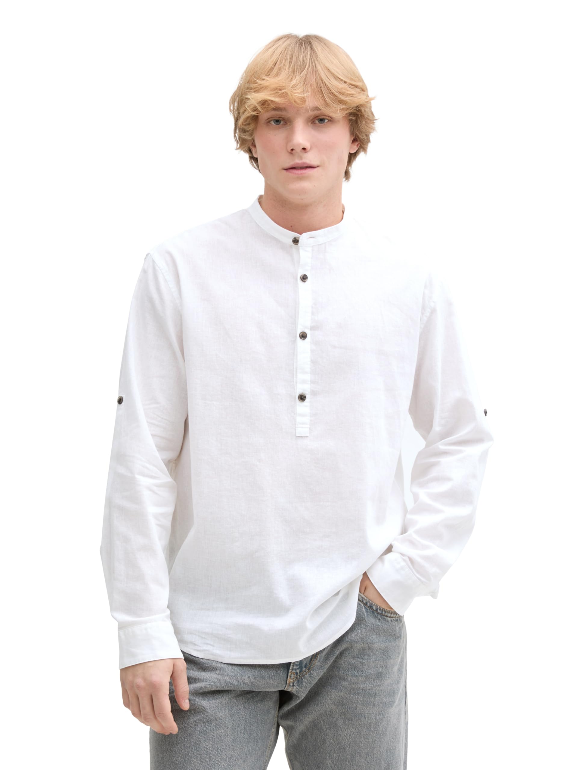 TOM TAILOR Denim Herren Relaxed Fit Tunika Hemd mit Leinenanteil