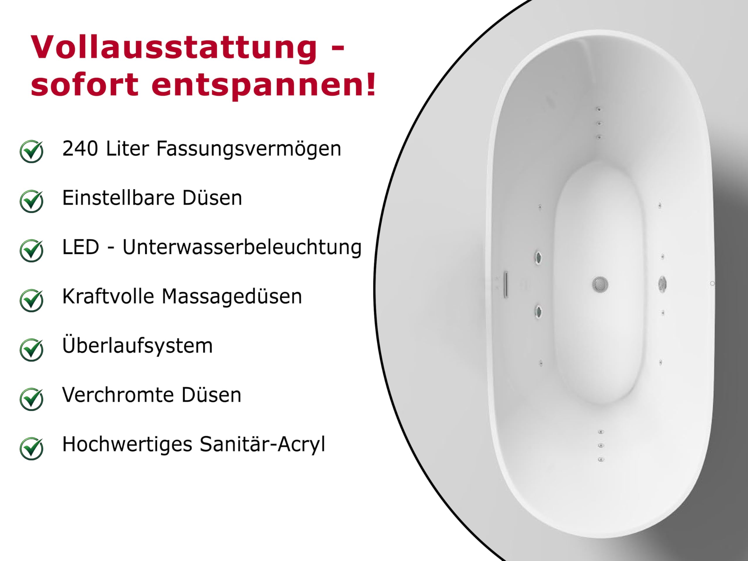 Freistehende Luxus Whirlpool Badewanne Oslo – 180x90 cm – 12 Massage-Düsen, LED-Farblichttherapie, freistehend für 2 Personen, Hot Tub Spa Indoor – Ohne Armatur
