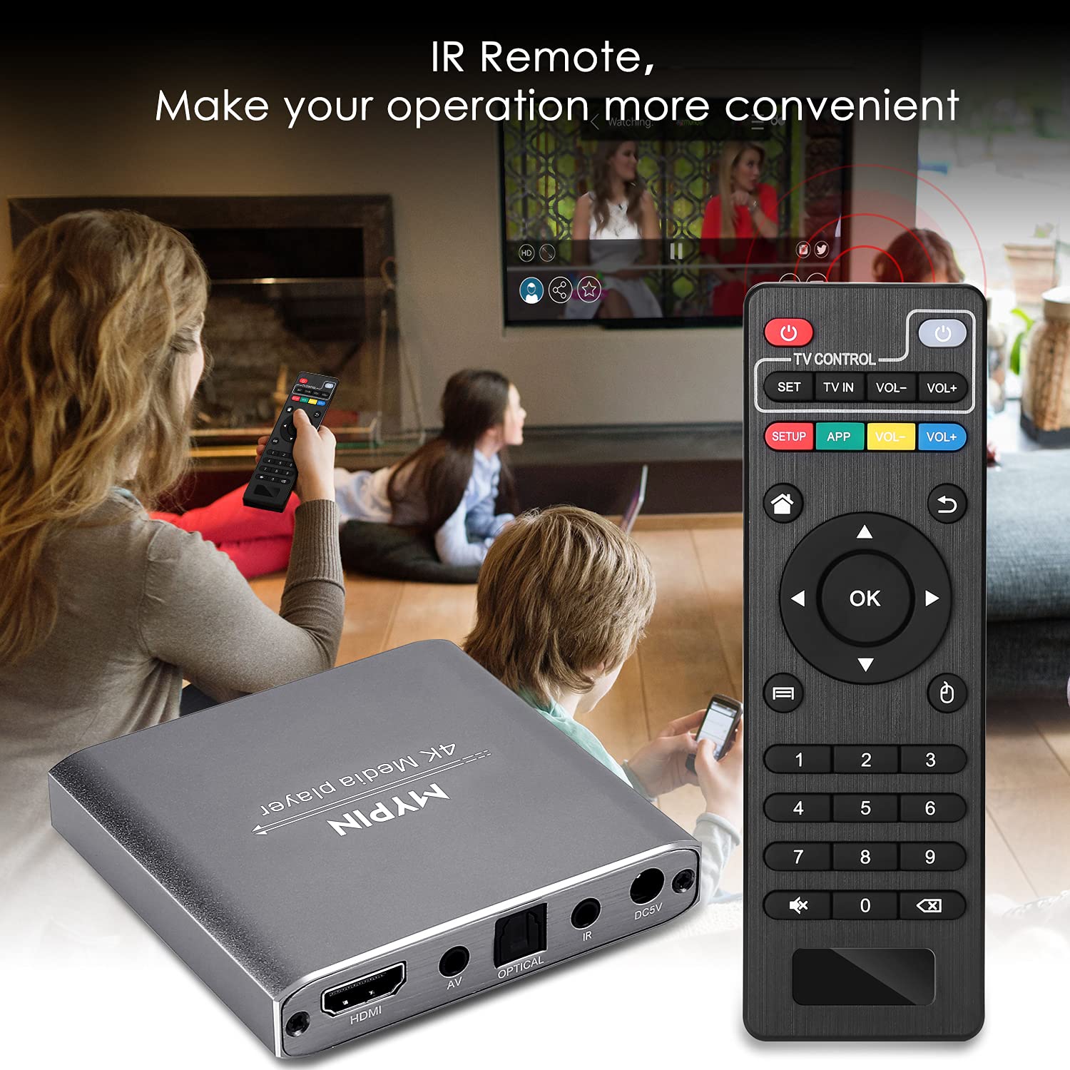 Lettore Multimediale 4K, MYPIN HD Media Player per HDD da 8 TB/Unità USB/Scheda TF/H.265 MP4 PPT MKV AVI Supporto HDMI/AV/Uscita Coassiale e Mouse/Tastiera USB-HDMI fino a 7.1 Suono Surround