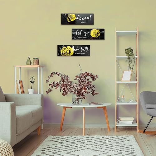 Miniatura 6 de ZINYAZHE 3 piezas de decoración de pared amarilla inspiradora rosa amarilla para baño, arte de pared de madera, decoración de pared de oficina con