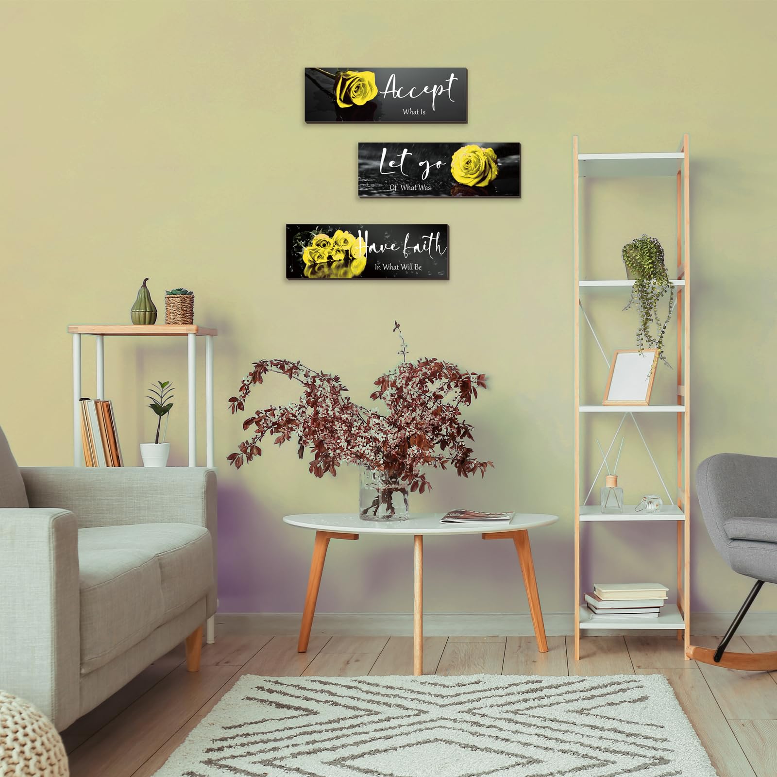 Set Di 3 Decorazioni Da Parete Con Rosa Gialla – Legno Con Frasi Motivazionali, Per Camera Da Letto E Ufficio, 30,5 X 17,8 Cm