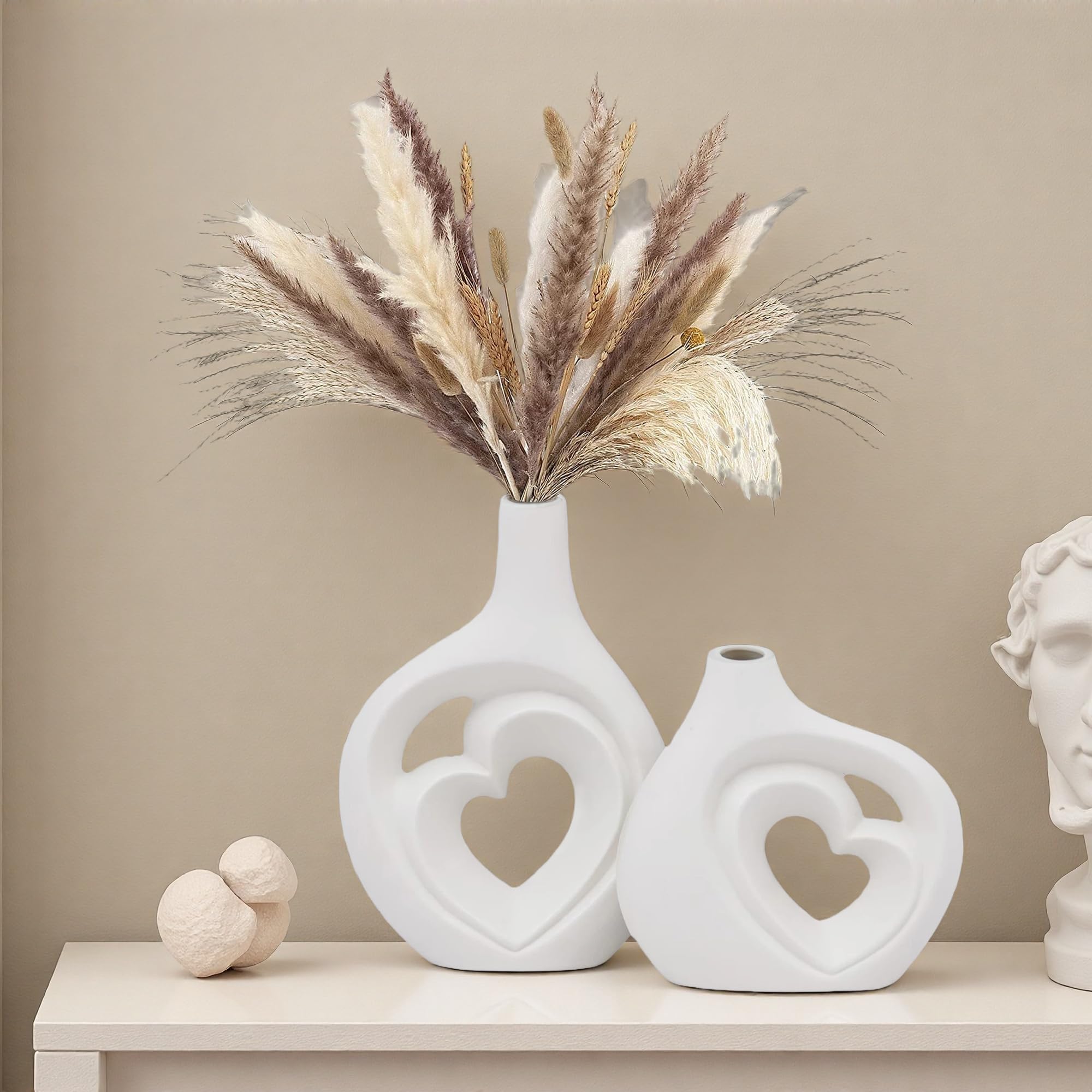 KKgoubz White Heart Shaped Hollow Ceramic Vase Set of 2 | Modern Nordic Boho Style, Table Centerpiece Decor, Matte Finish, H 8.5in