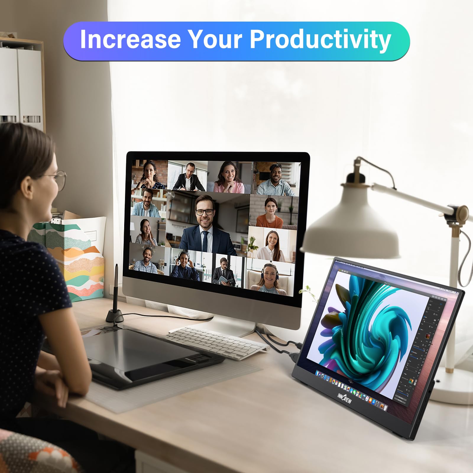InnoView 15.6'' Portable Monitor for Laptop FHD 1080P USB-C Travel Monitors Built-in 90° Adjustable Stand with Bag, HDR IPS Portable Laptop Monitor for MacBook PC Phone Xbox PS4/5 Switch view 4