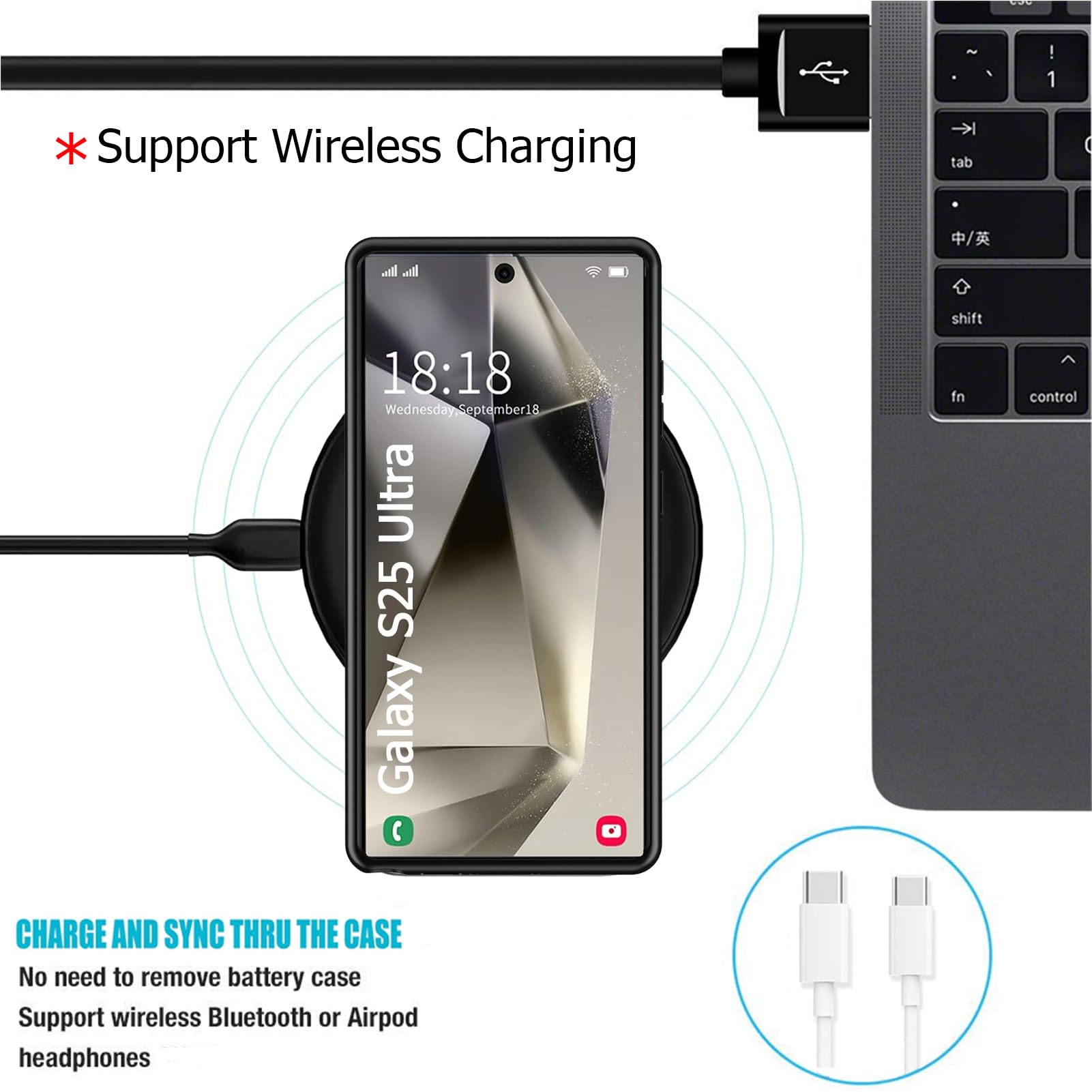 Cover a batteria per Samsung Galaxy S25 Ultra, 10000 mAh, magnetica, compatibile con ricarica wireless, custodia di protezione per caricabatterie di emergenza estesa, colore: Nero