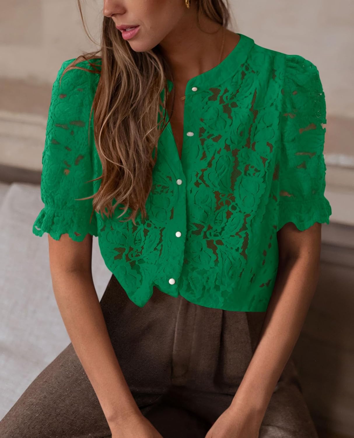 PRETTYGARDEN Womens 2026 Spring Lace Tops Short Puff Sleeve Casual Dressy Blouses Eyelet Crew Neck Button Down Shirts - Image 4