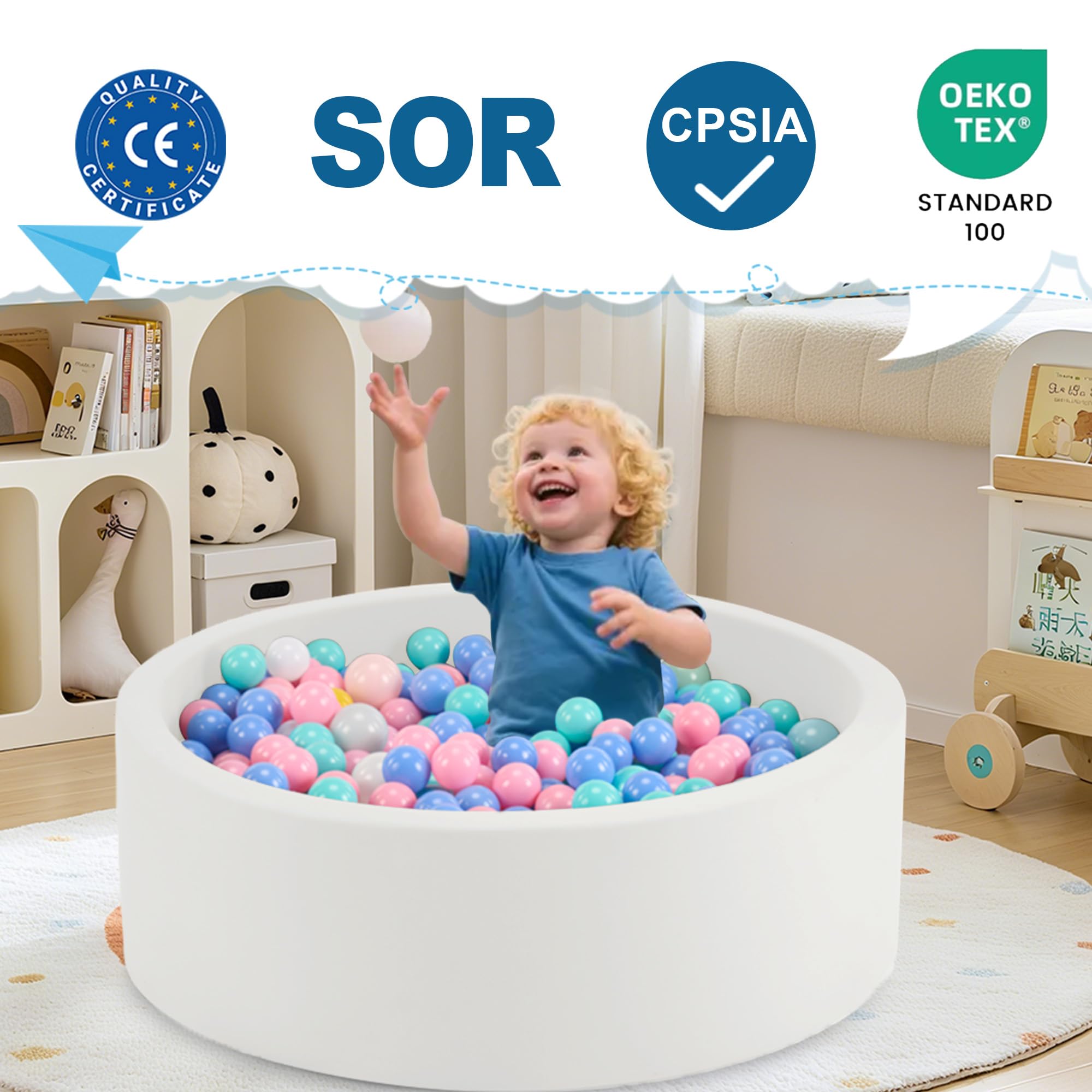 Piscina de bolas para bebés a partir de 1 año, piscina de espuma suave redonda sin bolas, 90x30 cm, juguete de piscina de bolas para niños pequeños, blanco