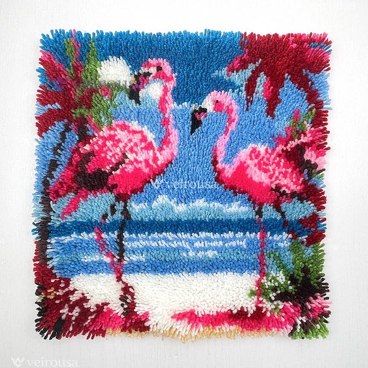 Image of veirousa Flamingos Latch Hook Kits for Adults, Beginners DIY Hooked Pillow Kit Pre-Printed Pillowcase Hook and Latch Rug Kits Cross-Stitch Cushion Cover for Home Sofa Decoration 17x17 inch