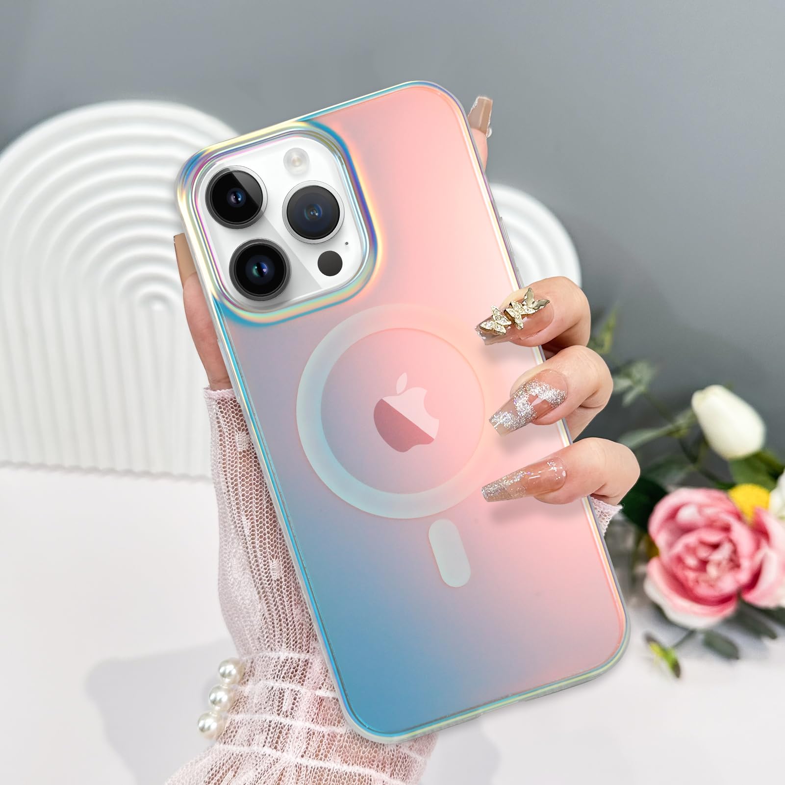 TEAUGHTTEAUGHT Compatible with iPhone 15 Pro Max Case Magnetic Glitter, Support for Magsafe, Bling Laser Fluorescent Iridescent Crystal Luxury Case Camera Protector + Screen Protector Elegant Case