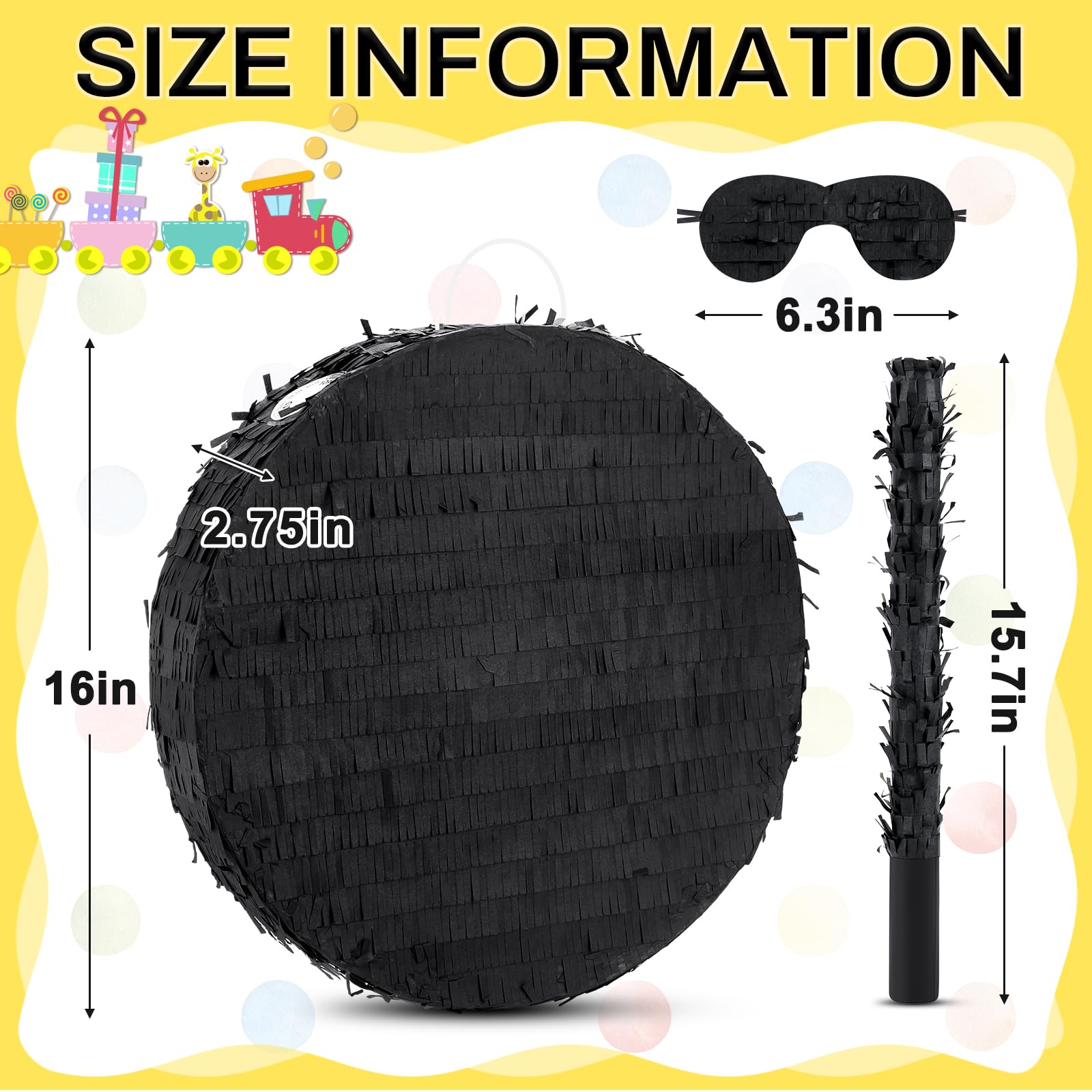 Jenaai 16" Round Blank Piñata with Stick, Blindfold and Confetti for Adults and Kids' Birthday Parties(Black)