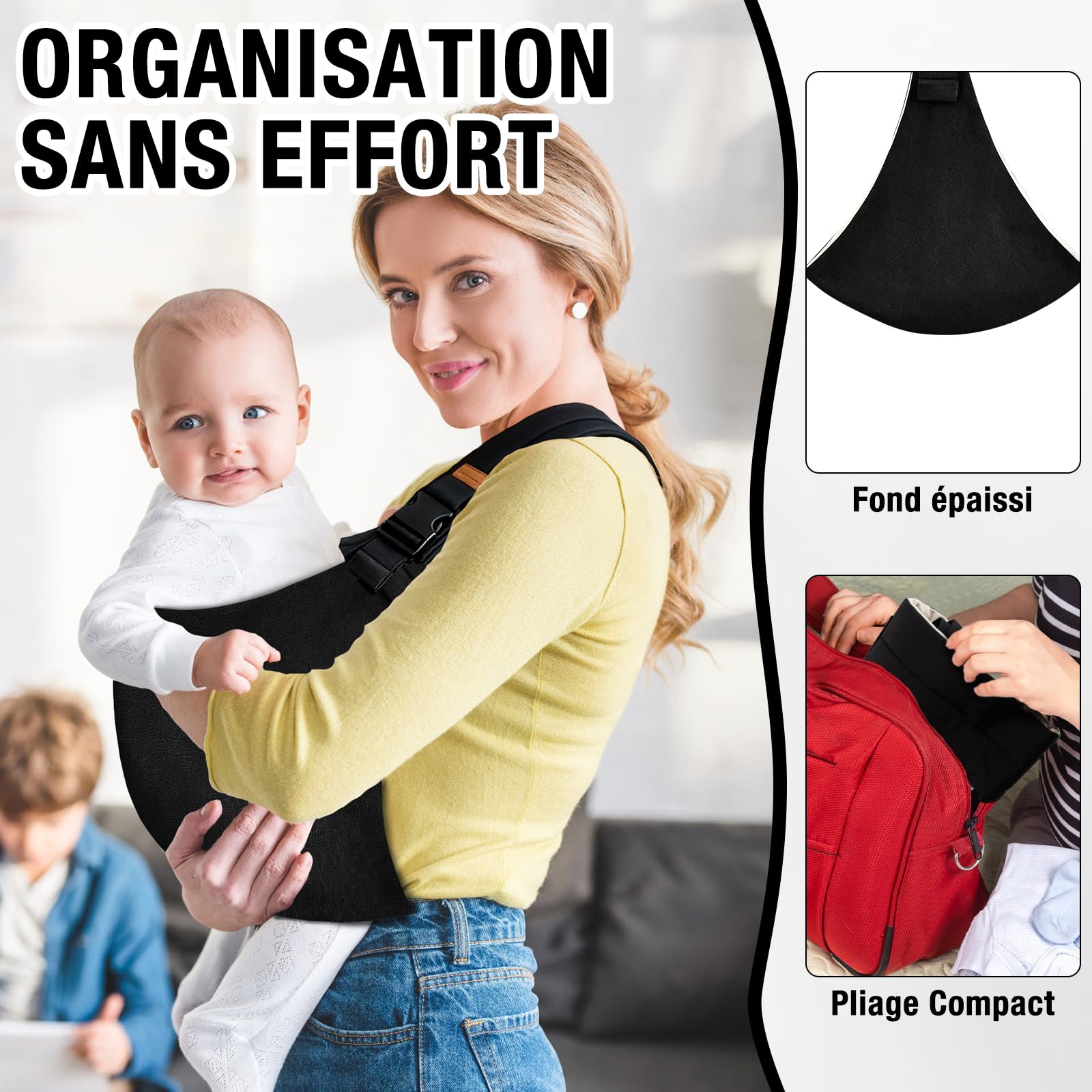 Écharpe de Portage Réglable Porte Bébé Hanche Respirant pour Nouveau-Nés et Tout-Petits jusqu'à 15 kg Noir