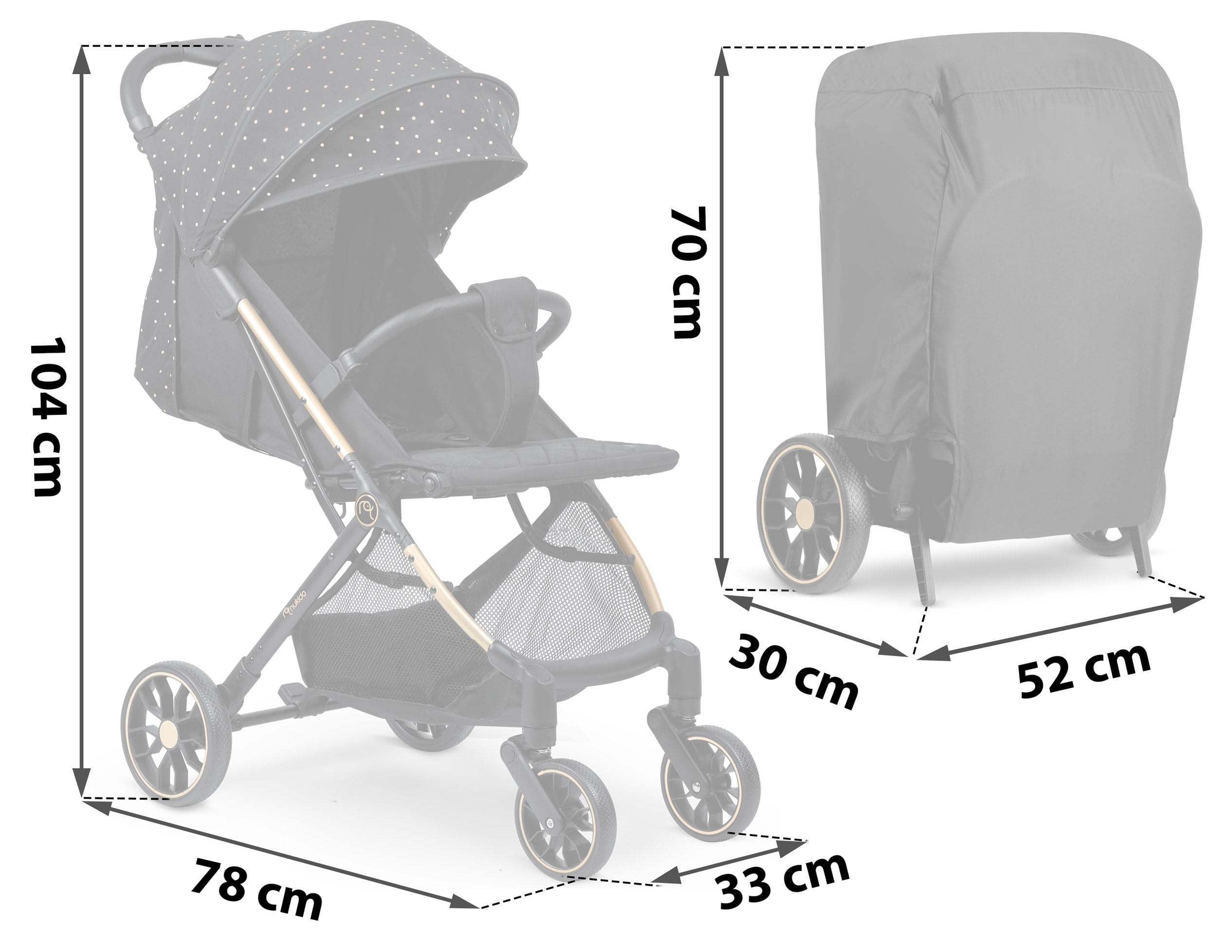 Nukido Poussette pour bébé avec Sac de Transport 0-36 Mois 0-15 kg Pliage Automatique en 2 Secondes Roues à 360° avec Amortisseur Grandes Roues Tout-Terrain Noir/doré