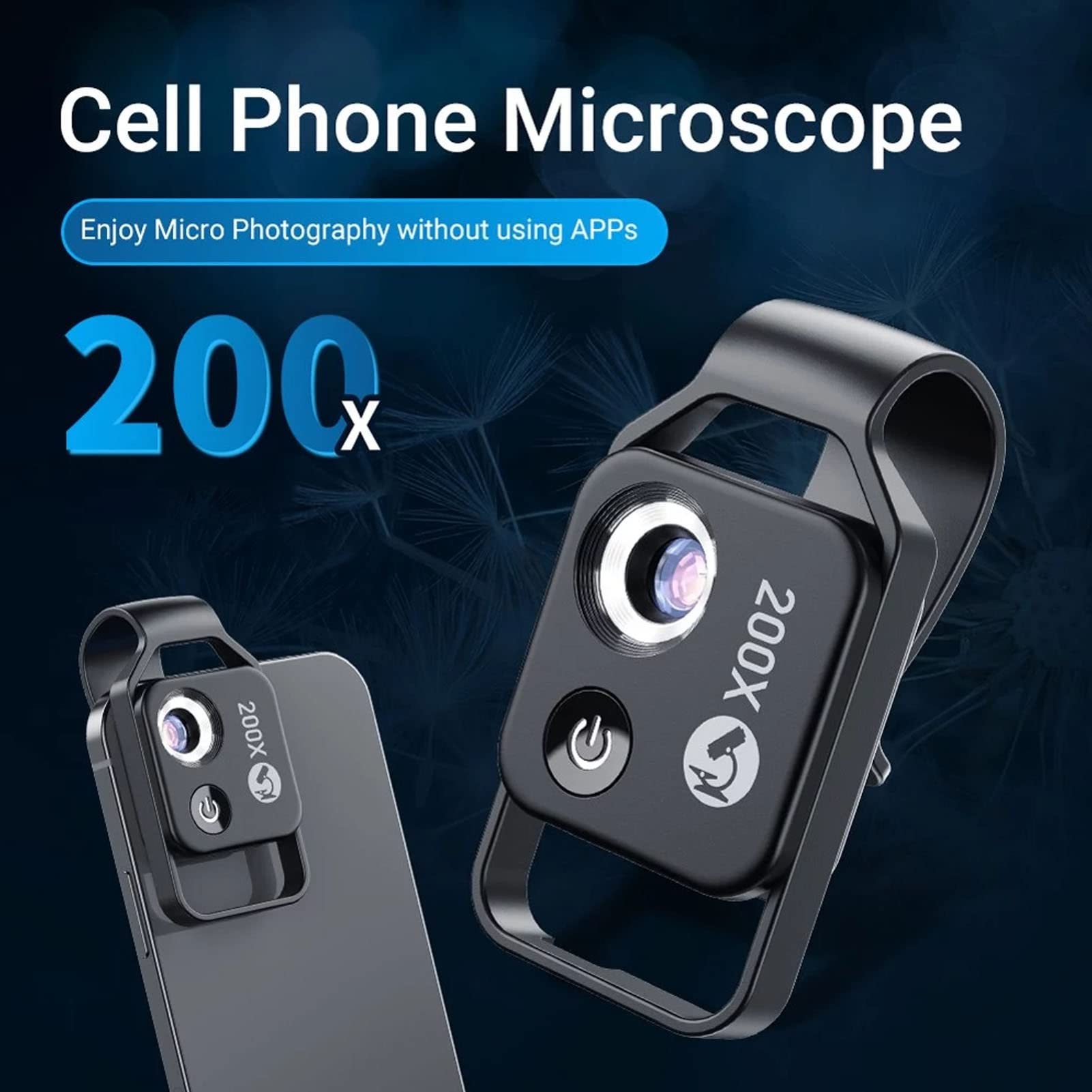 Lente per Microscopio per Telefono 200X con Luce LED per Lente CPL (BLACK) | Temperatura Colore 6000-6500k, Nessuna APP Richiesta, Clip Universale, Portatile, per Piante Minerali