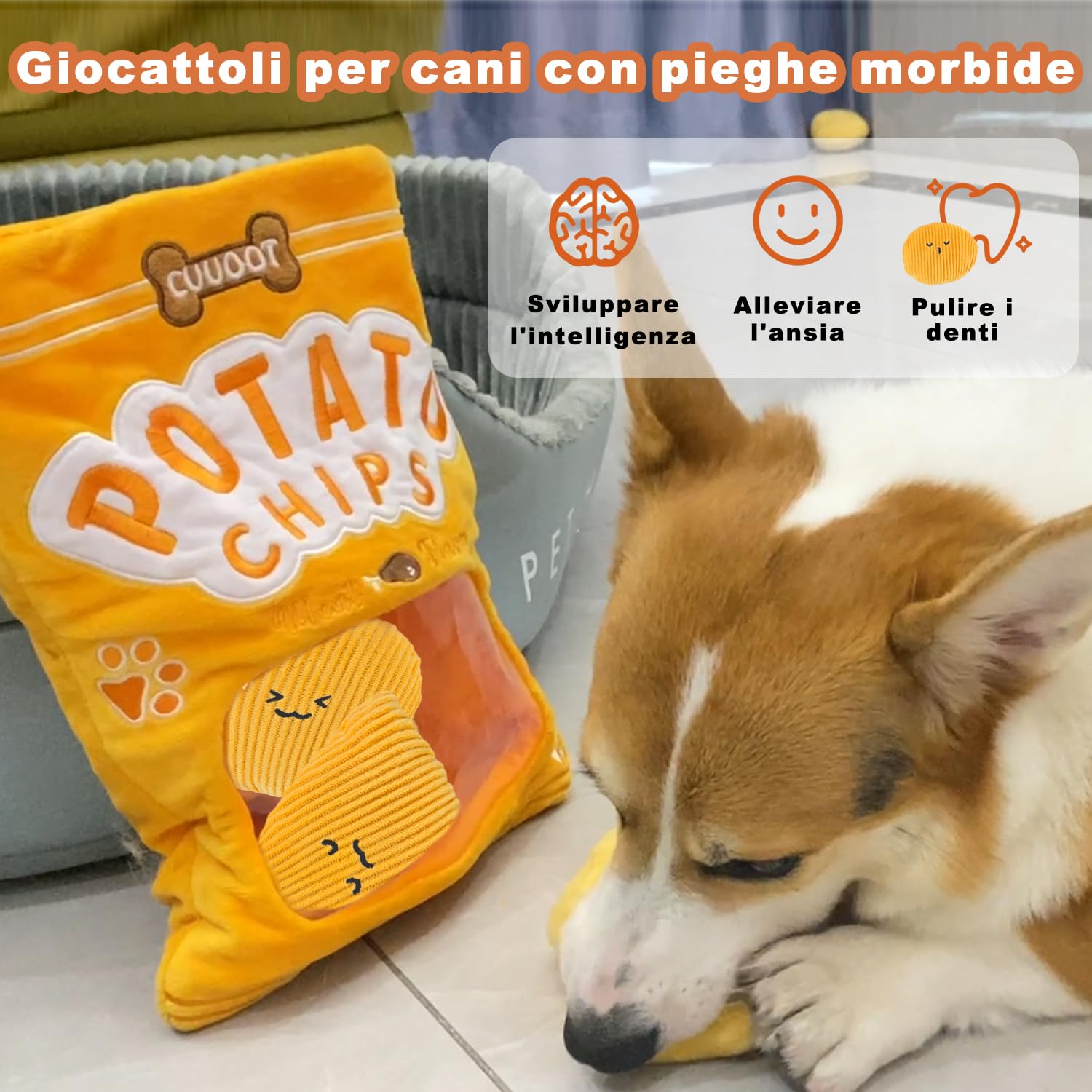 CUUOOTGiocattoli per cani Crinkly Squeaky Giocattoli per cani interattivi in peluche con puzzle di crocchette e arricchimento per cani di piccola media e grande taglia (Potato-chips-01)