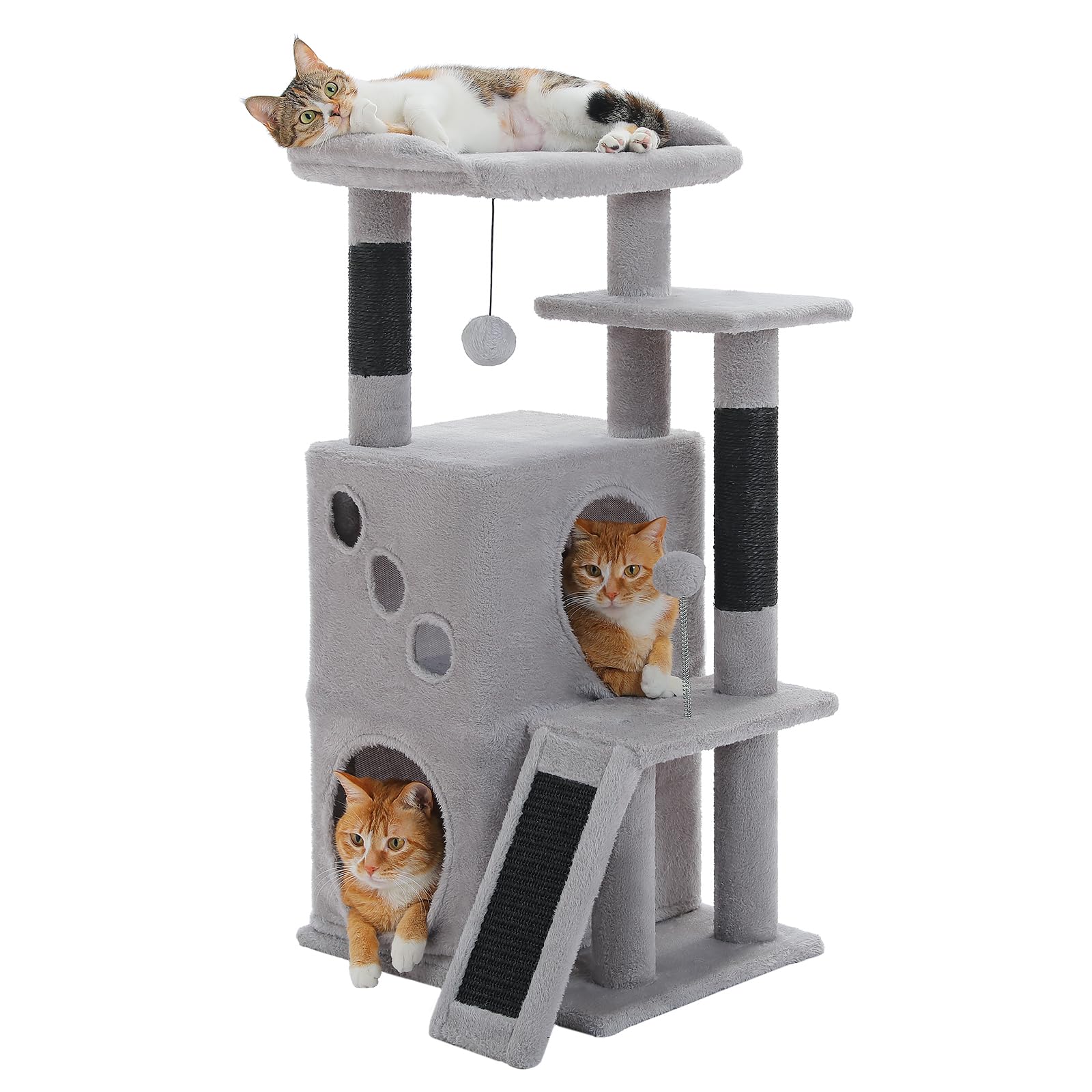 PETEPELA Kratzbaum für Katzen, 88 cm, Kleine Katzenhöhle mit Kratzpfosten, 2 Kuschelhöhlen, Kratzrampe & Hängespielzeug, Katzen-Spielhaus für Mehrkatzenhaushalte, Schwarz