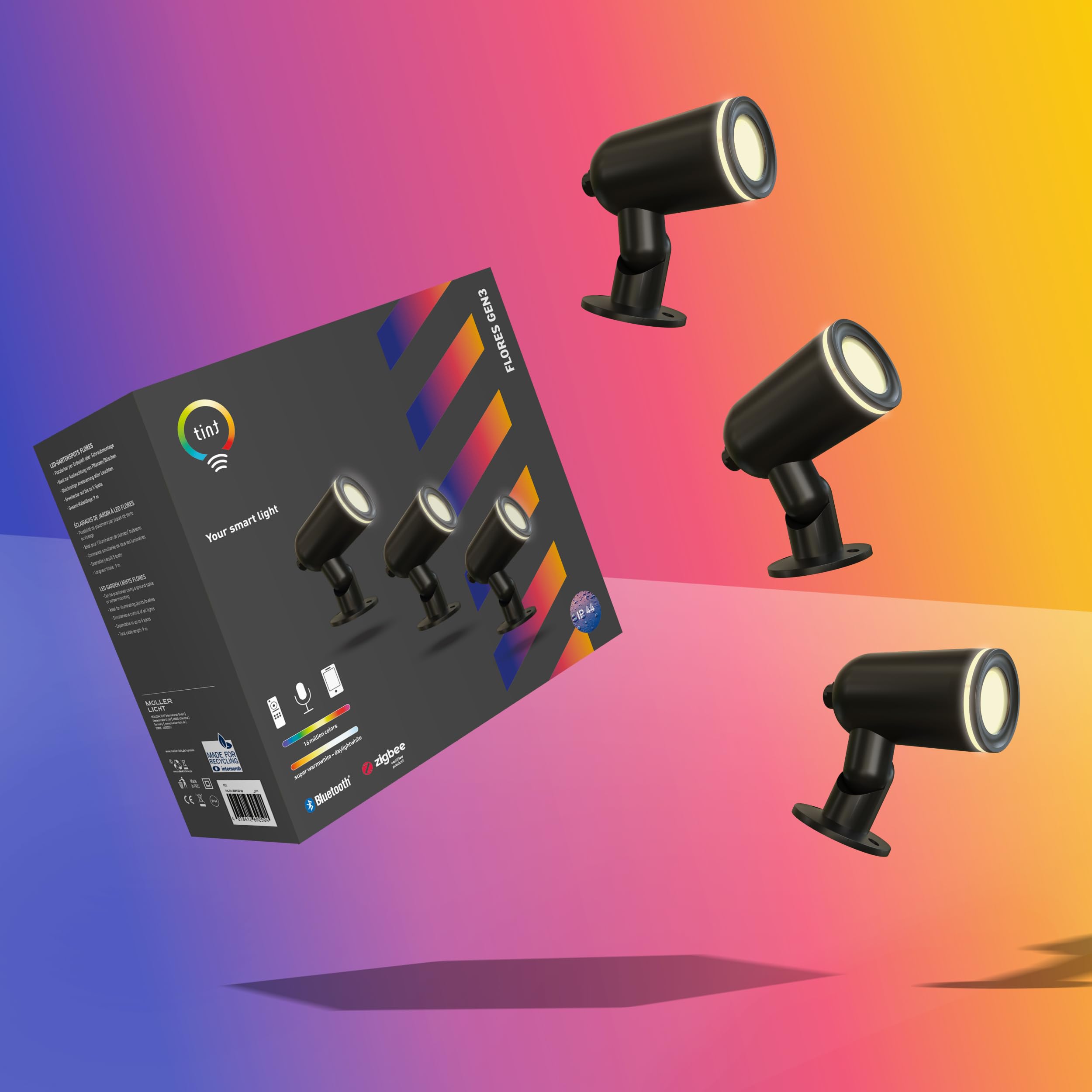 tint Set di 3 faretti da giardino intelligenti a LED Flores GEN 3 con picchetto, cambio colore RGB, IP44, 13 W, dimmerabile, lunghezza cavo 9 m, Zigbee, BT, funziona con app Alexa e tint