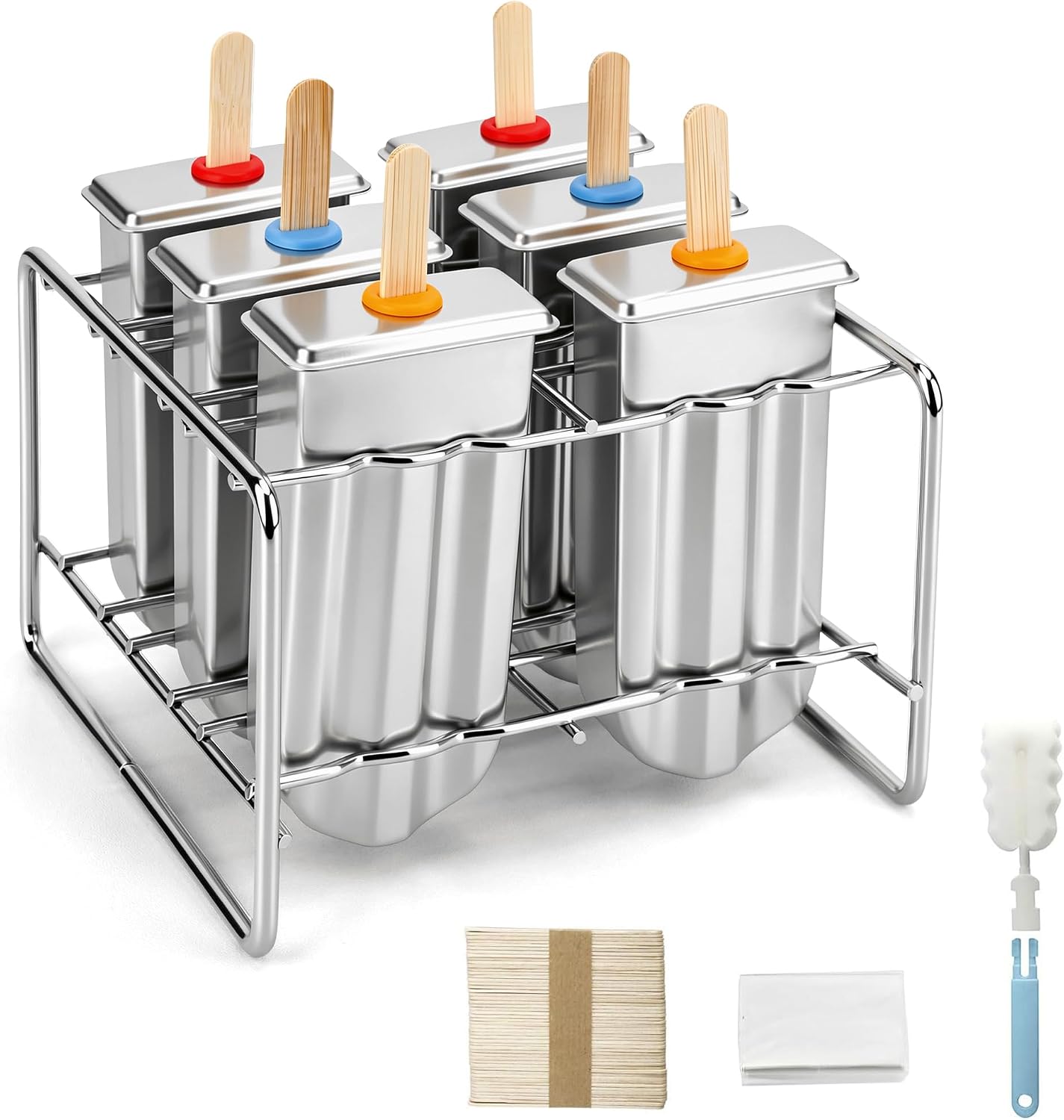 Stainless Steel Popsicle Molds Set, 6PCS Round Head Double Groove Ice Pop Maker with Rack, DIY Ice Cream Molds with 50 Wood Sticks, 20 Bags & Cleaning Brush, BPA Free, Silver