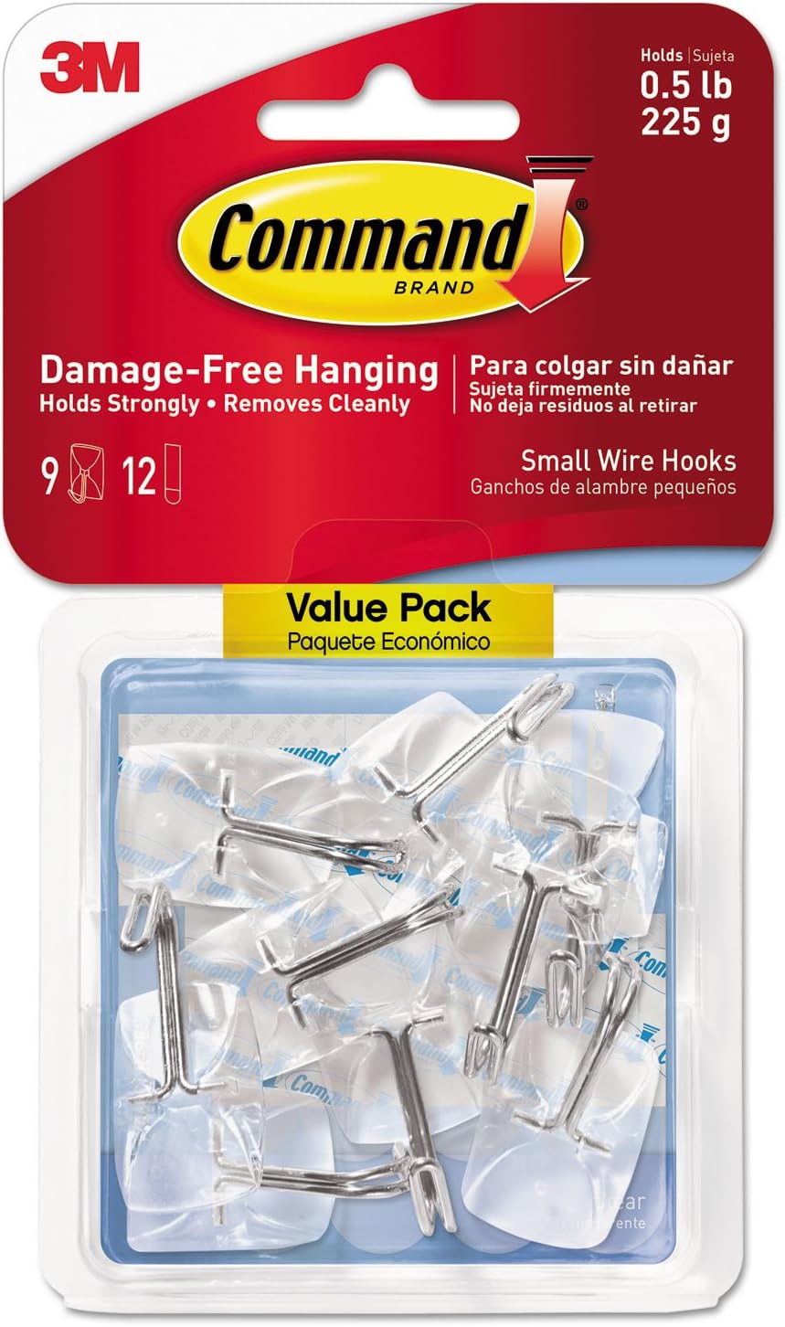 Command 3M 17067CLR9ES Clear Hooks & Strips, Plastic/Wire, Small, 9 Hooks w/12 Adhesive Strips/Pack