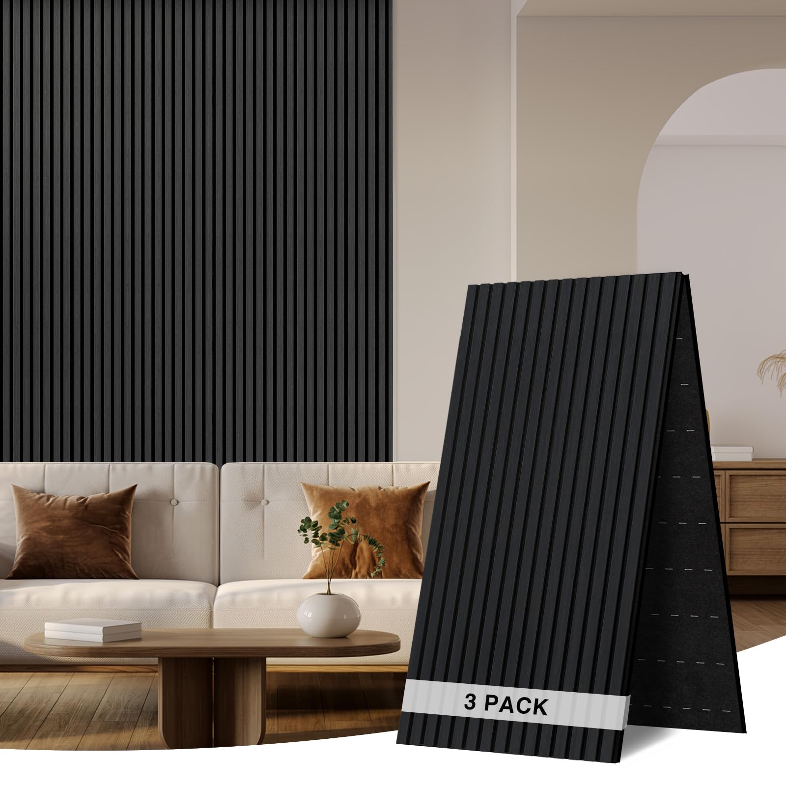 Faltbar Akustikpaneele Holz 240x60cm-3 Stück(4,32m²) Wandpaneele mit Holzfurnier & Filz|Holzpaneele Wand Acoustic Panel|Wandverkleidung innen für Home-Studio,Wohnzimmer & Büro Schwarz#22