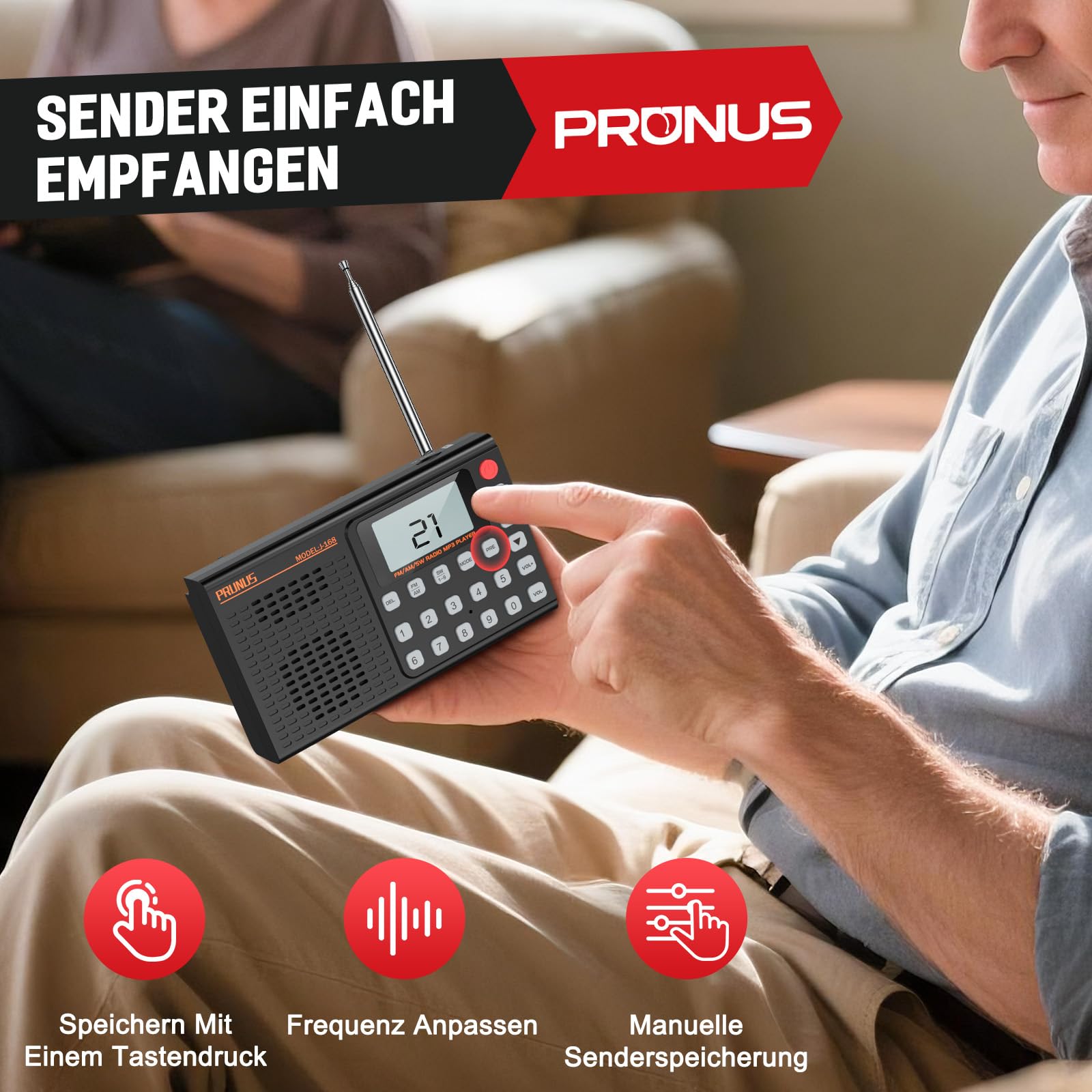 PRUNUS J-168 FM/AM/SW Digital Radio Klein Unterstützt Manueller Preset, Kleines Radio mit Akku 2000mAh, unterstützt Sleep-Timer, Exzellentem Empfang, Tragbare Radios mit Bluetooth 5.0/TF-Player.