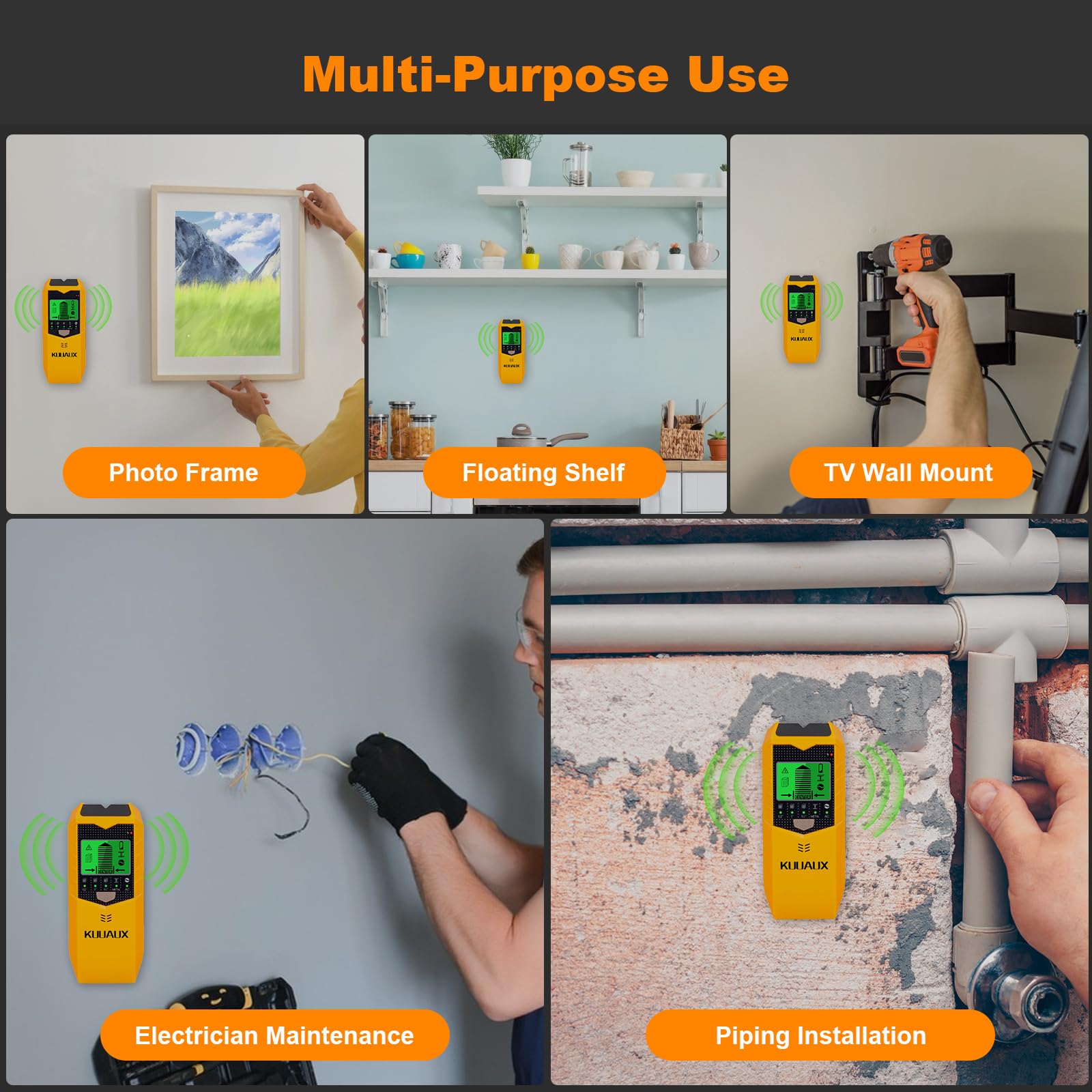 Escáner de pared, detector de pernos 5 en 1 con chip de microprocesador inteligente y pantalla LCD HD, buscadores de haz para centro y borde de madera, cable de CA, viga, metal y tubería,