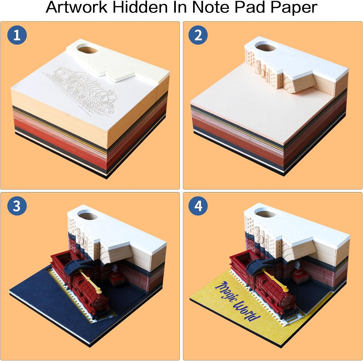 3D Memo Pad Paper Art with Pen Holder,Creative Paper Carving Art Magic Train with Ticket,171 Sheets 3D Art Notepad Stickers Notepads Office Decor Gifts for Colleague/Friends