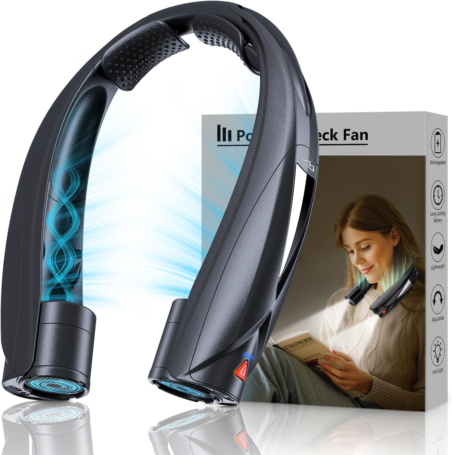 Portable Neck Fan Personal Fan Wearable Fan- with LED Book Light, 6-20 Hrs Long Battery, 6-Speed Adjustable, USB-C Rechargeable, Ultra Quiet, Hands-Free Cooling for Men Women Outdoor Indoor