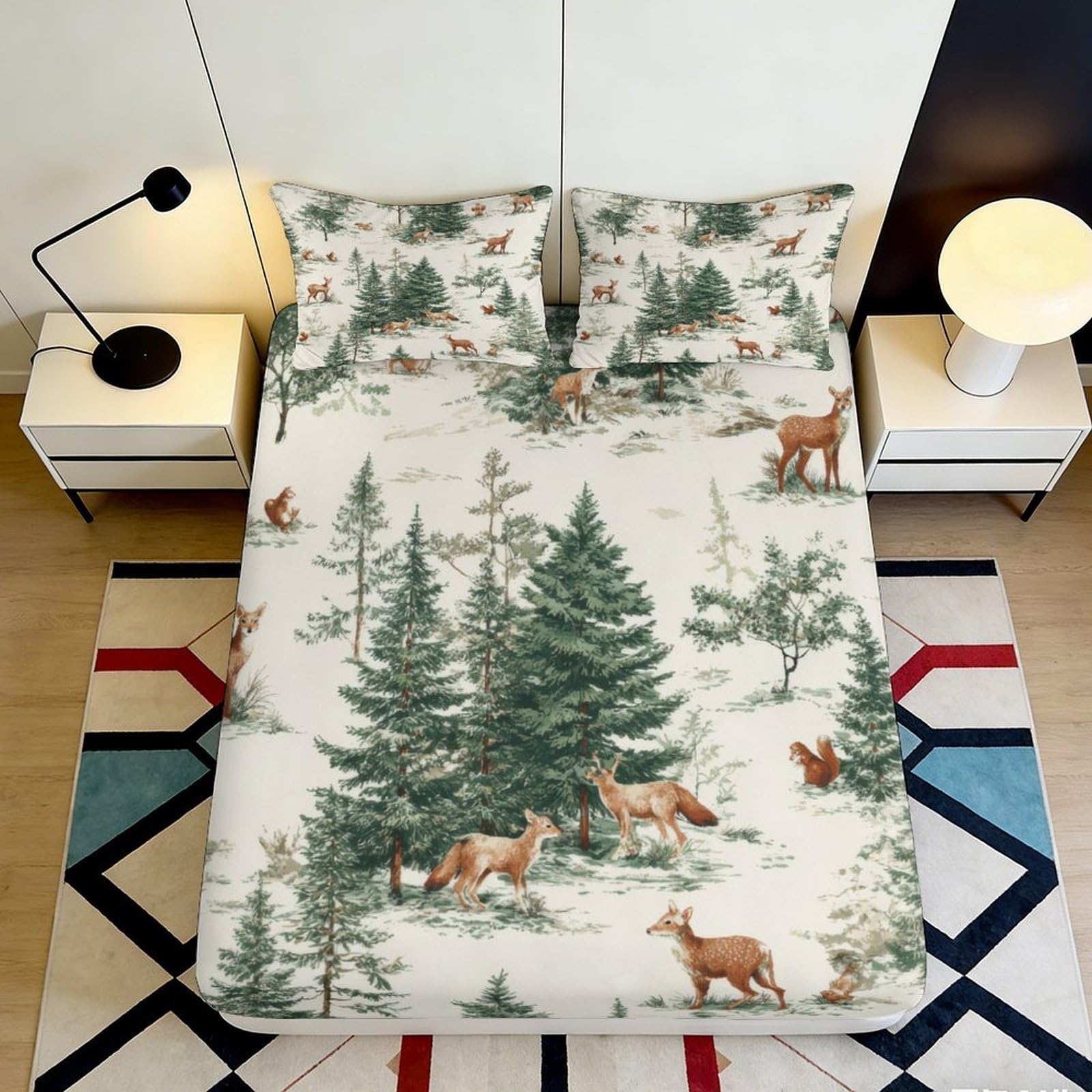 3D Printed Forest Animals Fitted Sheet Microfiber Soft Woodland Deer Mattress Cover for Bedroom Dorm Mattress Protection Decor 90x200x25cm