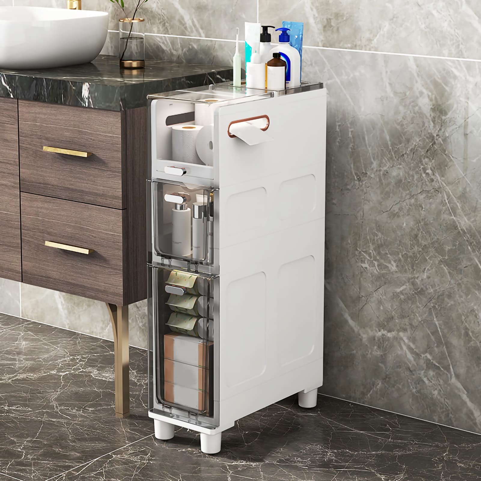 Mueble de baño Alto y Estrecho con cajones transparentes y ruedas, Ideal para guardar Papel higiénico, dormitorio, entrada y armarios. sin montaje.