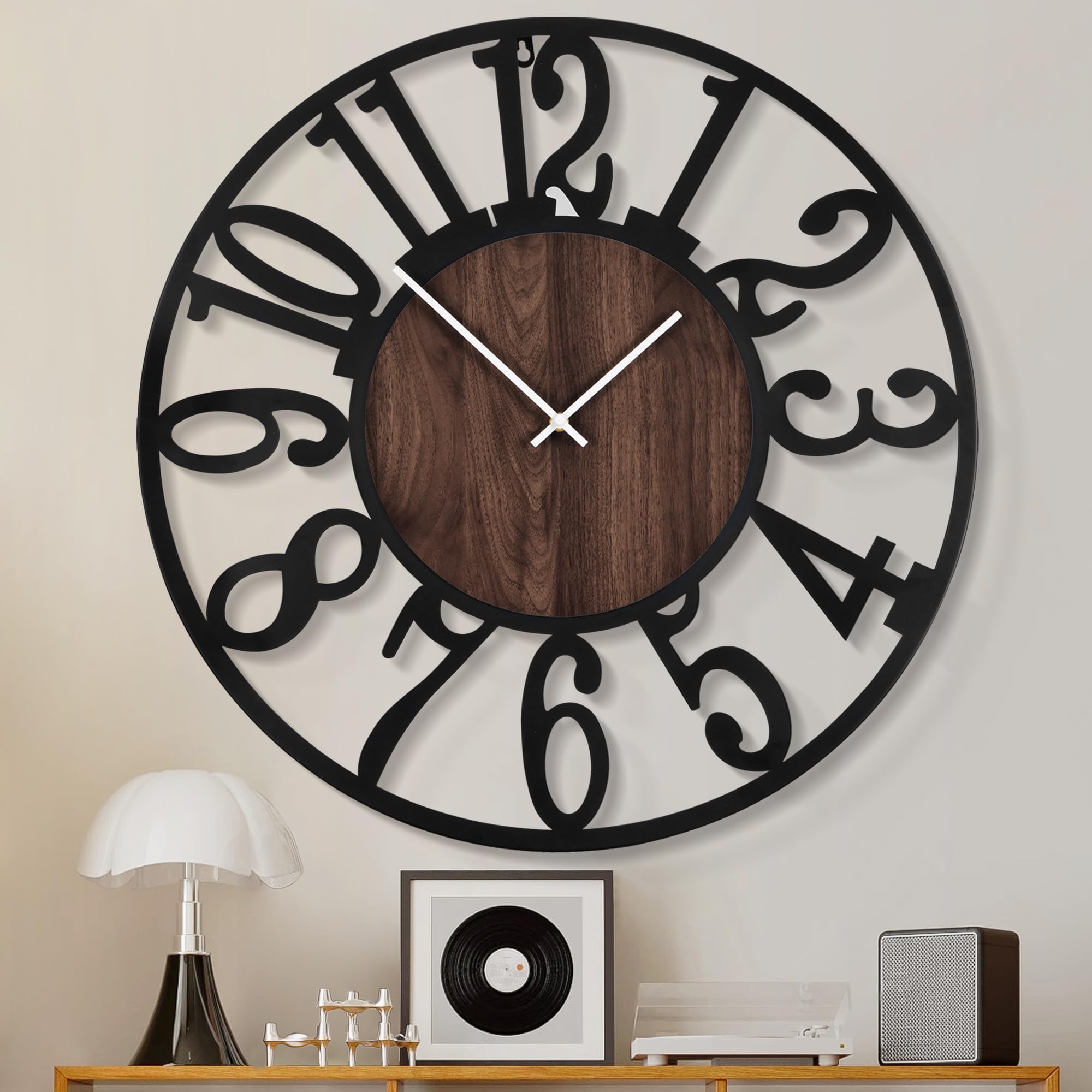 Photo 1 of 1st owned Large Wall Clock for Living Room Decor- 24" Decorative Antique Silent Non Ticking,Battery Operated,Black Metal,Wood Clocks for Farmhouse,Dining Room,Bedroom,Kitchen - Arabic Numerals