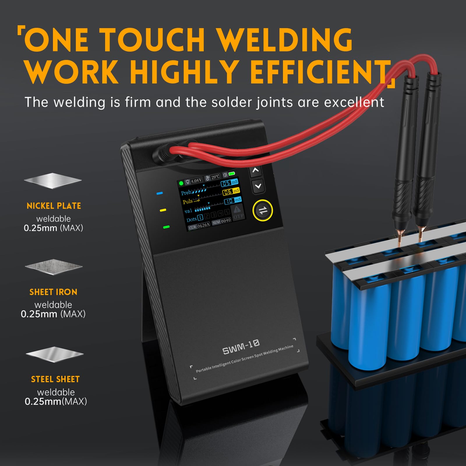 Soudeuse par Points Portable 0,1-0,25mm, SWM-10 Mini Spot Welder 0-1200A avec Écran LCD et Batterie 5000mAh, pour la Fabrication de Batteries DIY