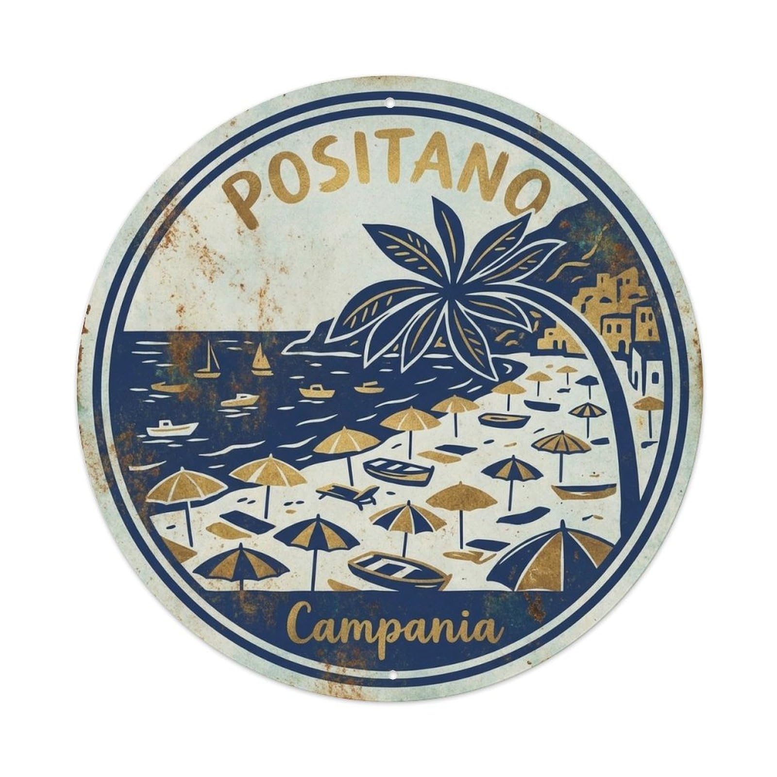 Positano Italy Emblem Historic Tourism Classic Destination Metal Tin Sign Plaque Wall Decor for Cafe, Man Cave, Club Bar, Office, Home Garden Round Metal Poster 8x8Inch