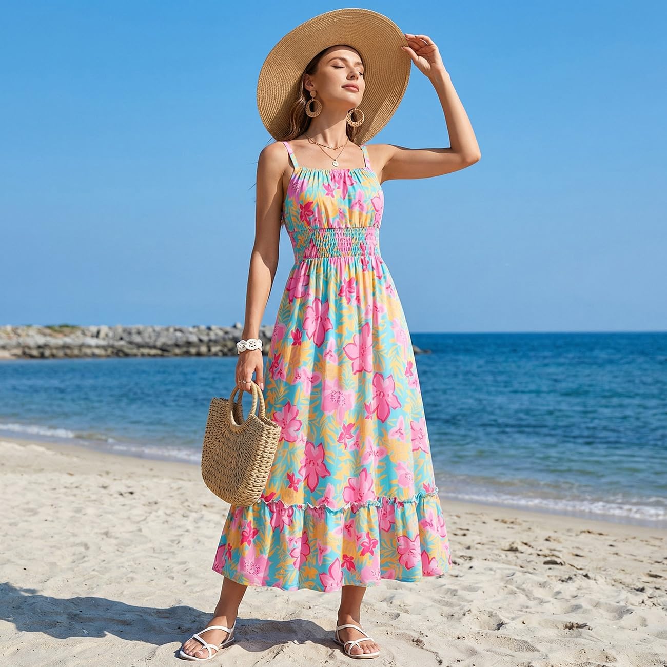 GRACE KARIN Mommy and Me Floral Smocked Dress,Spaghetti Strap Boho Dress,Summer Maxi Dress with Pockets
