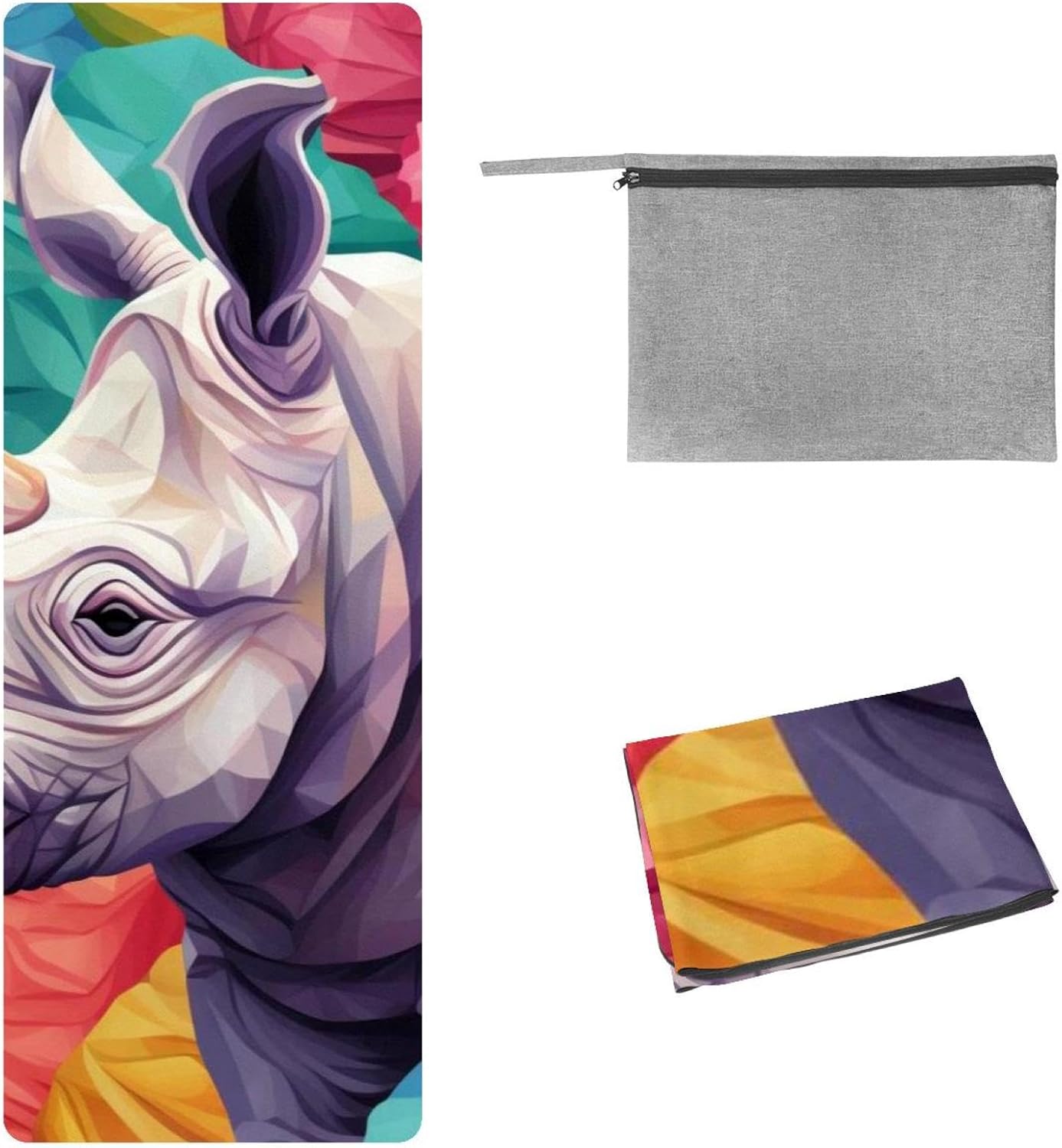 Yoga Towel, Rhino Animal Print Non Slip Sweat Absorbent Hot Yoga Mat Towel for Hot Yoga, Pilates and Fitness - 72.8" x 26.8"