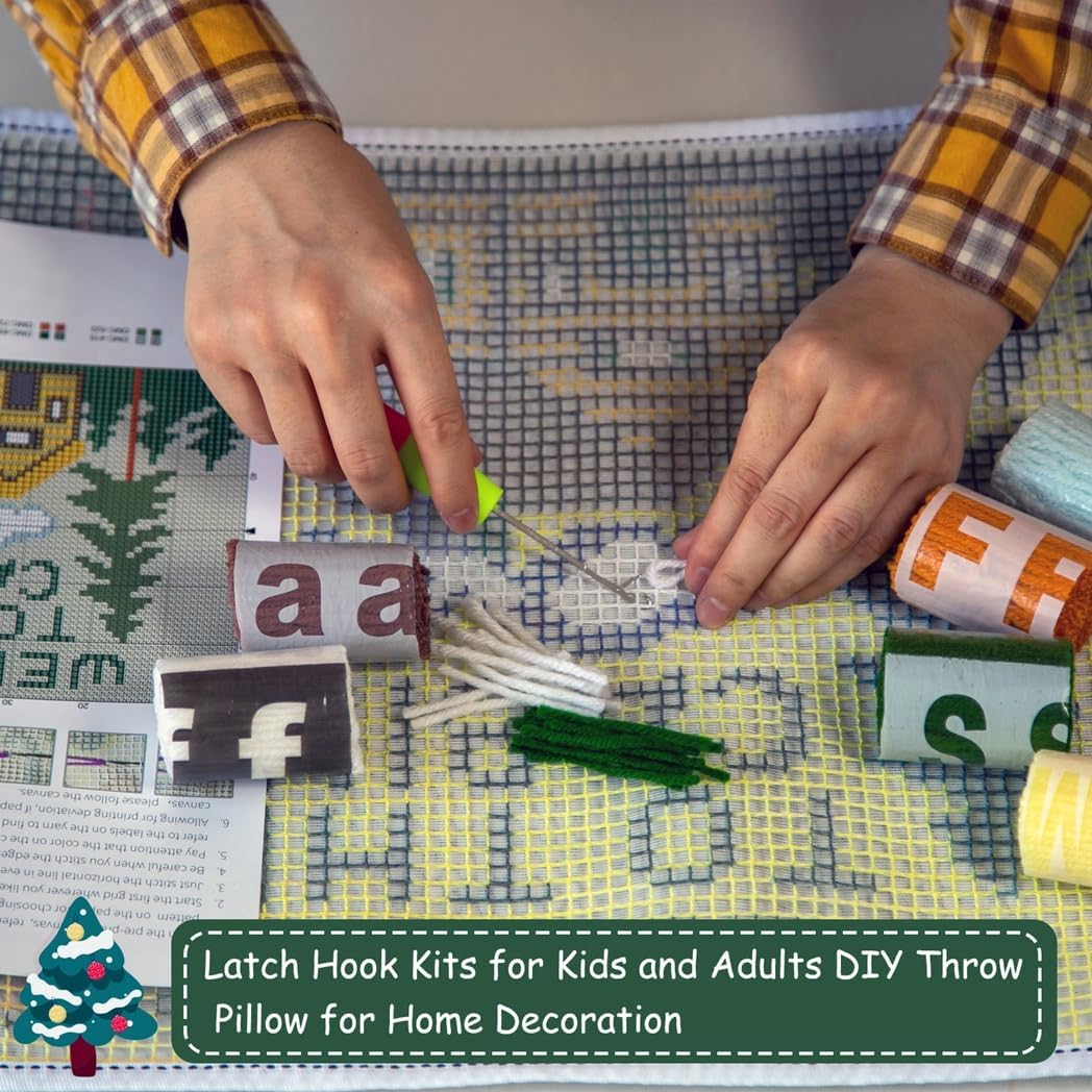 DL-YTG Latch Hook Kits Rug Christmas Tree Crochet Yarn Cushion Colour Pre-Printed Canvas Cover Rug Needlework DIY Hook and Latch Kit Home Decoration 20 X15inch