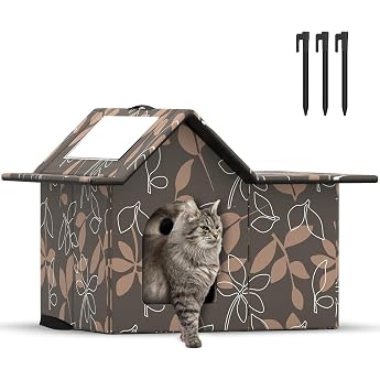 Cat House for Outdoor Winterproof House for Feral Cats with Removable Cushion Winter Protection for Pets with Door Curtains Easy to Assemble