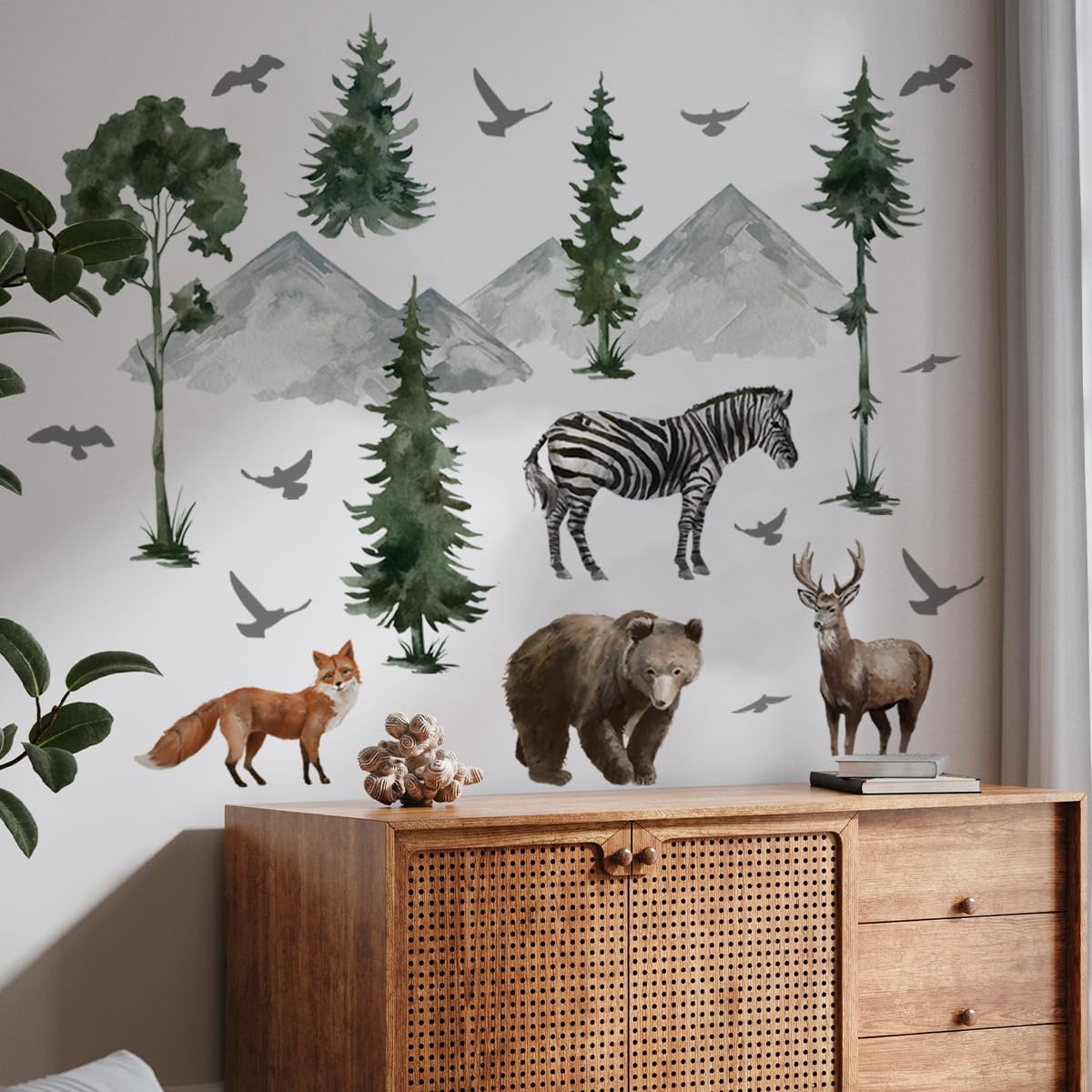 Runtoo Woodland Animals Wall Decals Fox Zebra Bear Pine Tree Wall Stickers Baby Nursery Kids Bedroom Classroom Home Decor - Image 3