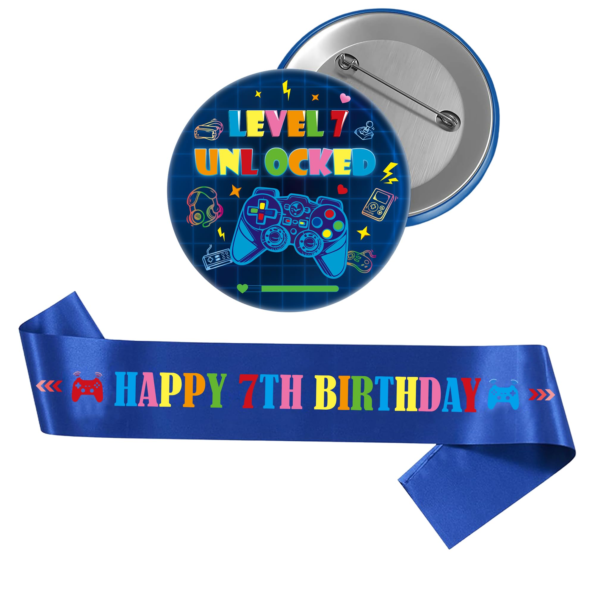 FSADASY 7th Birthday Badge Sash Set - 2 Pcs Boys Blue Gaming Themed Design Level 7 UNLOCKED Badge Happy 7th Birthday Sash Decorations for 7 Years Old Boy Party Decoration Gifts