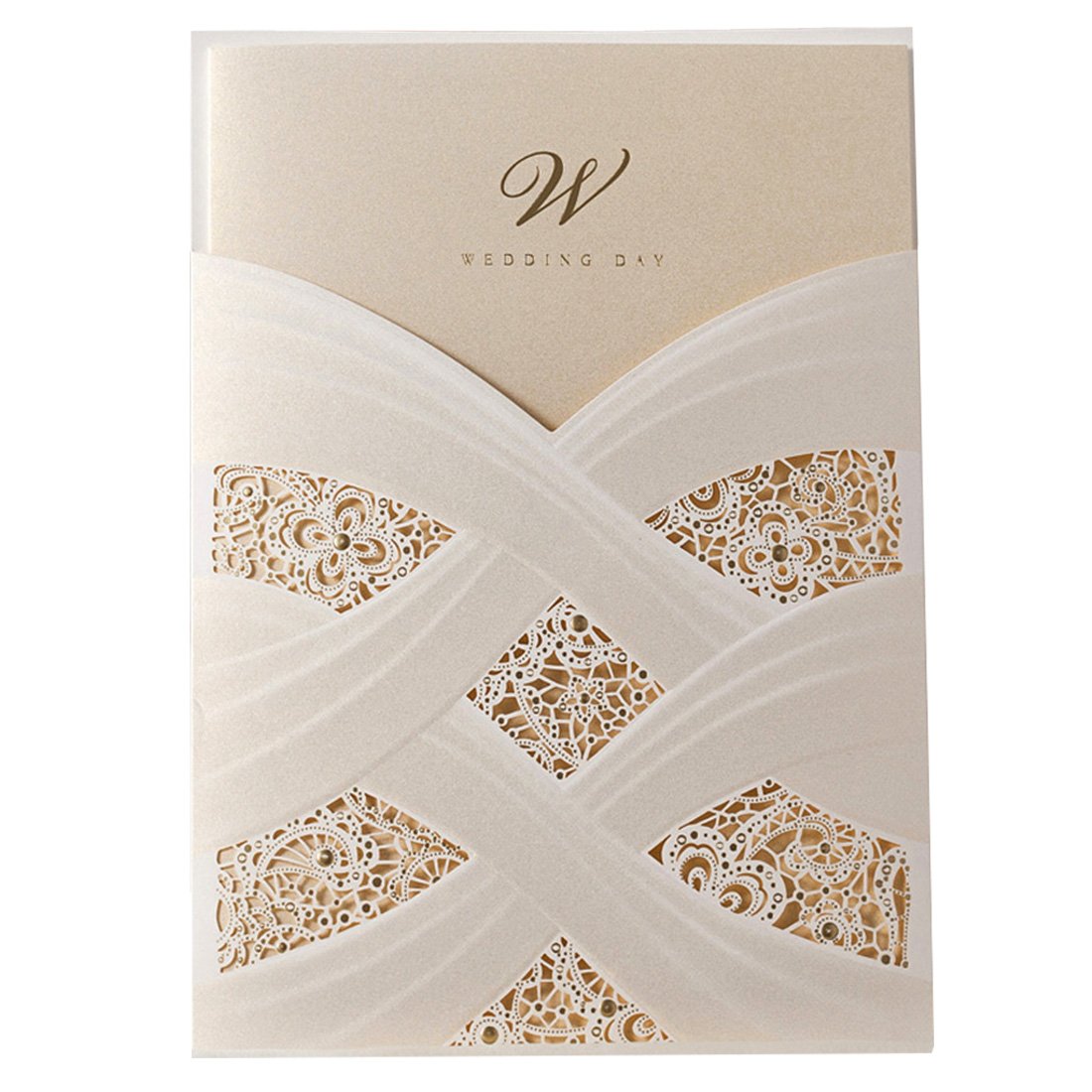 Jofanza50PCS 5” x 7” Ivory Laser Cut Wedding Invitations Cards Kits with Envelopes and Gold Foil Lace Sleeve Flower Pocket Cardstock Design for Wedding Bridal Shower Invite