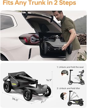 Paiseec S3 Mobility Scooter for Seniors, 25 Miles Long Lasting Mobility Scooter Foldable, Lightweight Travel Scooter for Seniors, 300 lbs Capacity, AI Speed Control, 250W Motor (Grey-25miles)