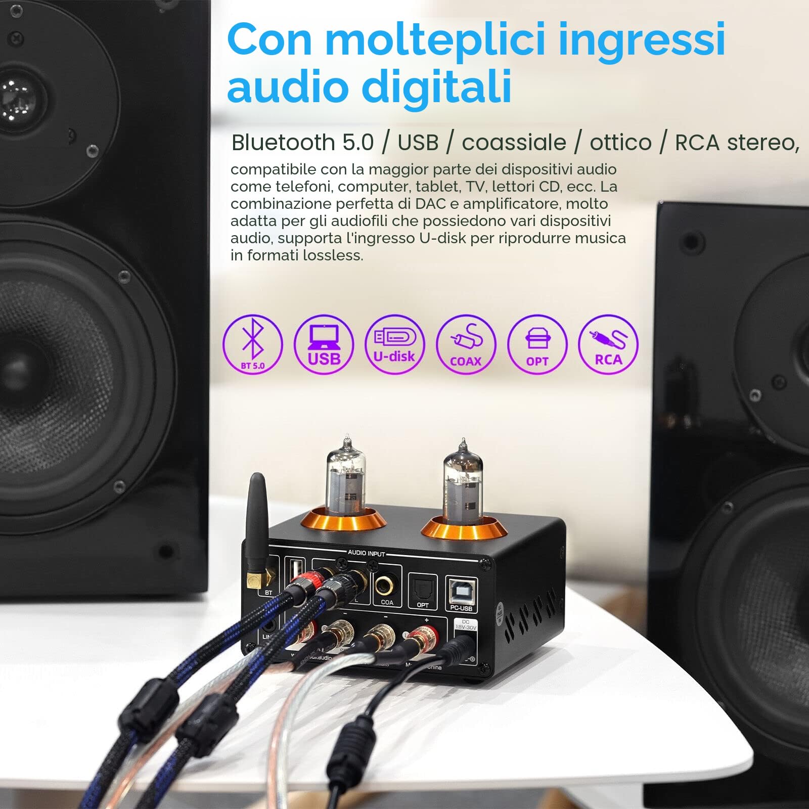 Douk Audio ST-01 PRO, amplificatore HiFi, 200W mini amplificatore a valvole con Bluetooth 5.0, misuratore VU, USB DAC, ingresso coassiale/ottico (ST-01PRO)