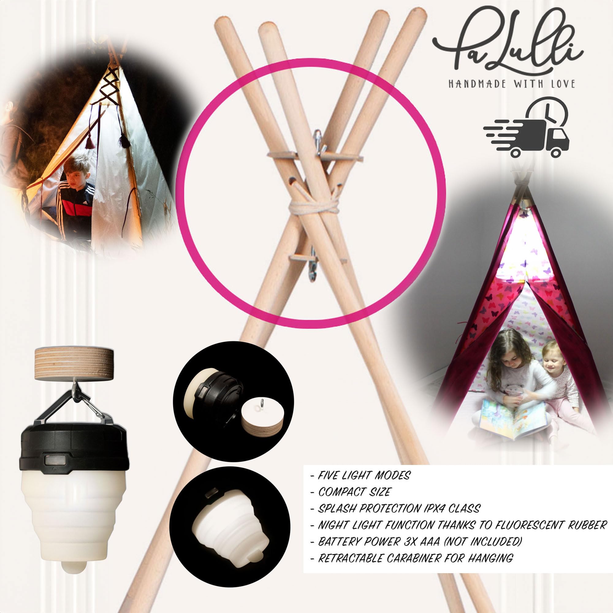 PaLulli® Tente tipi pour enfant en 100 % coton avec tapis douillet, système anti-collaps, stable, lampe suspendue de camping et 2 coussins décoratifs, tente de jeu Tippi, tente de jeu, beige