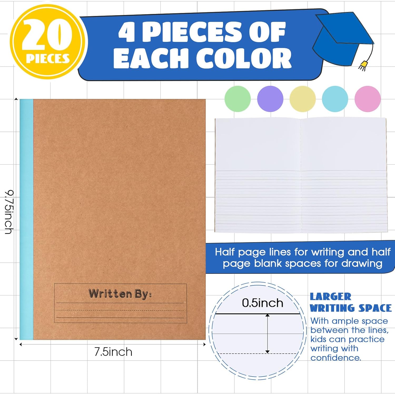 Henoyso 20 Pcs Primary Composition Notebook 9 3/4 x 7 1/2 Inch Kids Journal, Back to School Supplies, K-2 Primary Writing Notebook for Kids Student Draw and Write Story Journal (Macaron Color) - Image 2