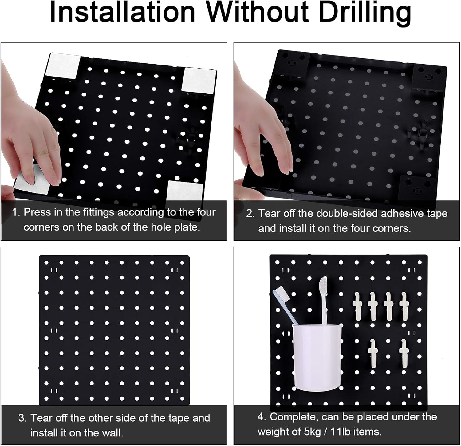 2 Pieces Pegboard Wall Organizer Small Pegboard Peg Board Wall Panel Kits Pegboard Accessories, 2 Installation Methods, No Harm to The Wall for Garage Kitchen Bathroom Office (Black)
