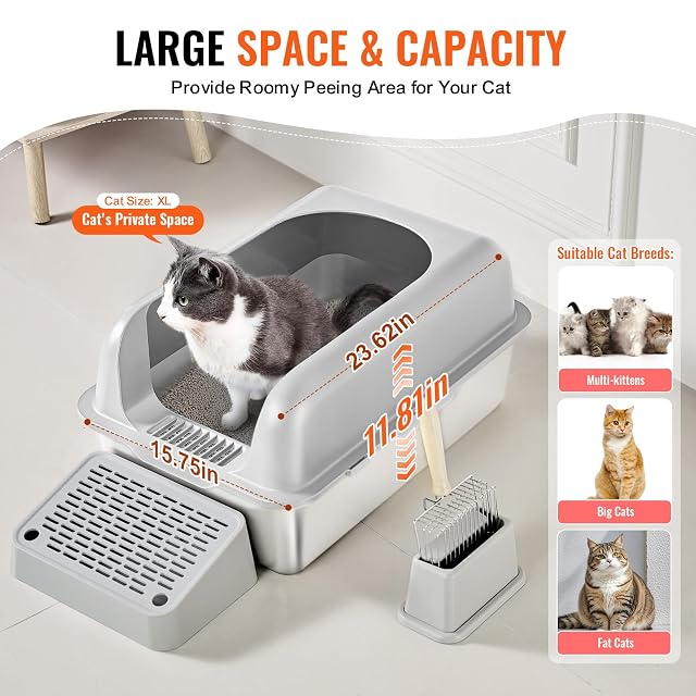 Foto 6 de 8 de VEVOR Caja de Arena para Gatos 60 x 40 x 30 cm Arenero Extragrande de Acero Inoxidable con Pala