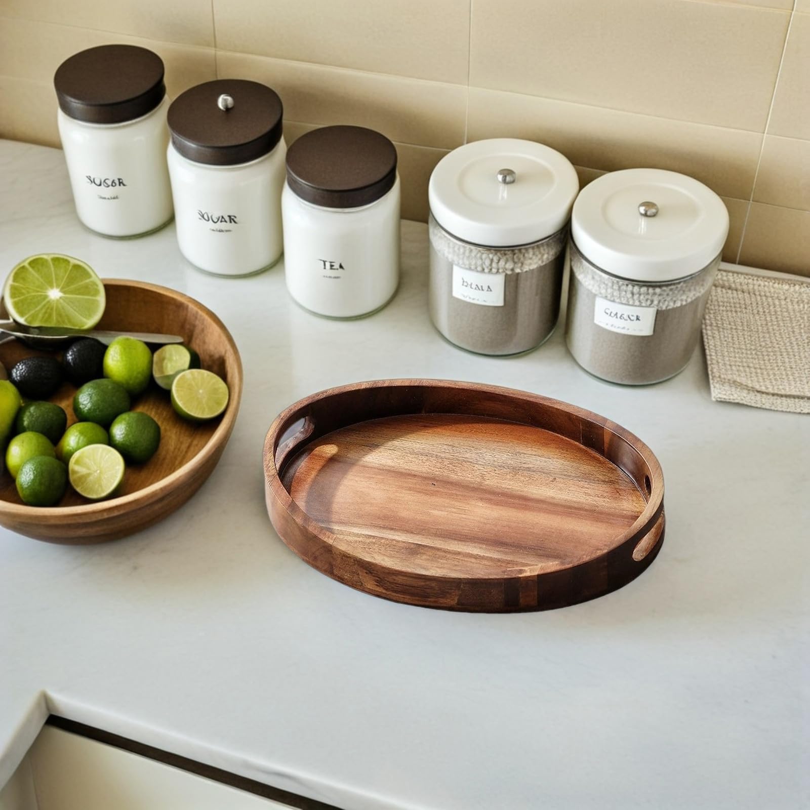 DOITOOL Bandeja de Madera: Bandeja de Madera Natural con Asas para Servir, Resistente al Calor, Organizador de Aperitivos y Frutas para Mesa de Centro, encimera de Cocina, decoración de Sala de