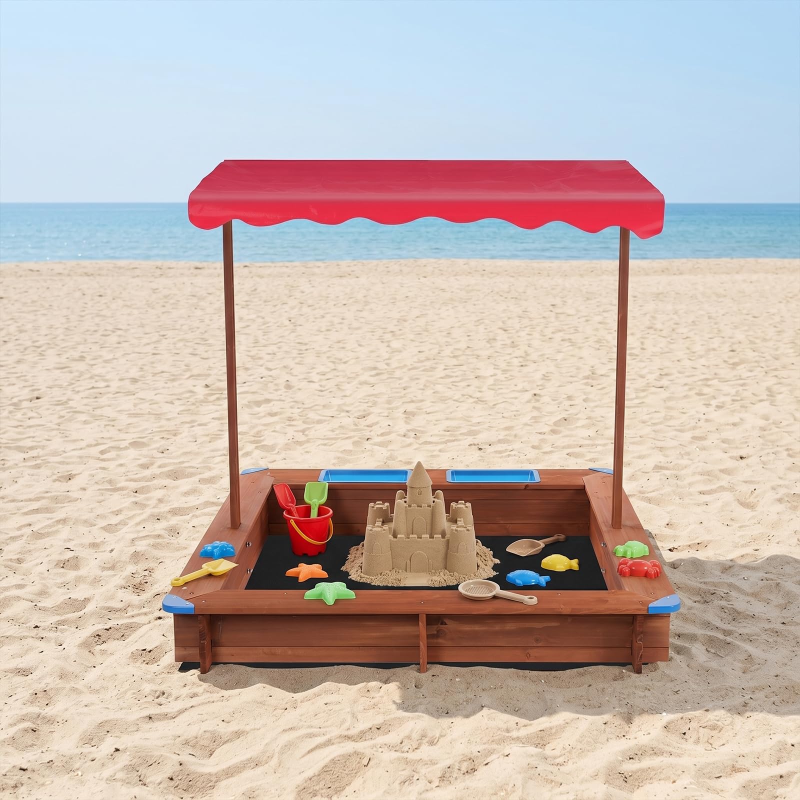 Sandkasten aus Massivholz,Tragfähigkeit Etwa 100kg,3-14 Jahre alt,Rot | Holzsandkasten Mit Abdeckung,126*121*118cm,für Hinterhöfe, Gärten, Terrassen, Strände oder Spielplätze im Freien