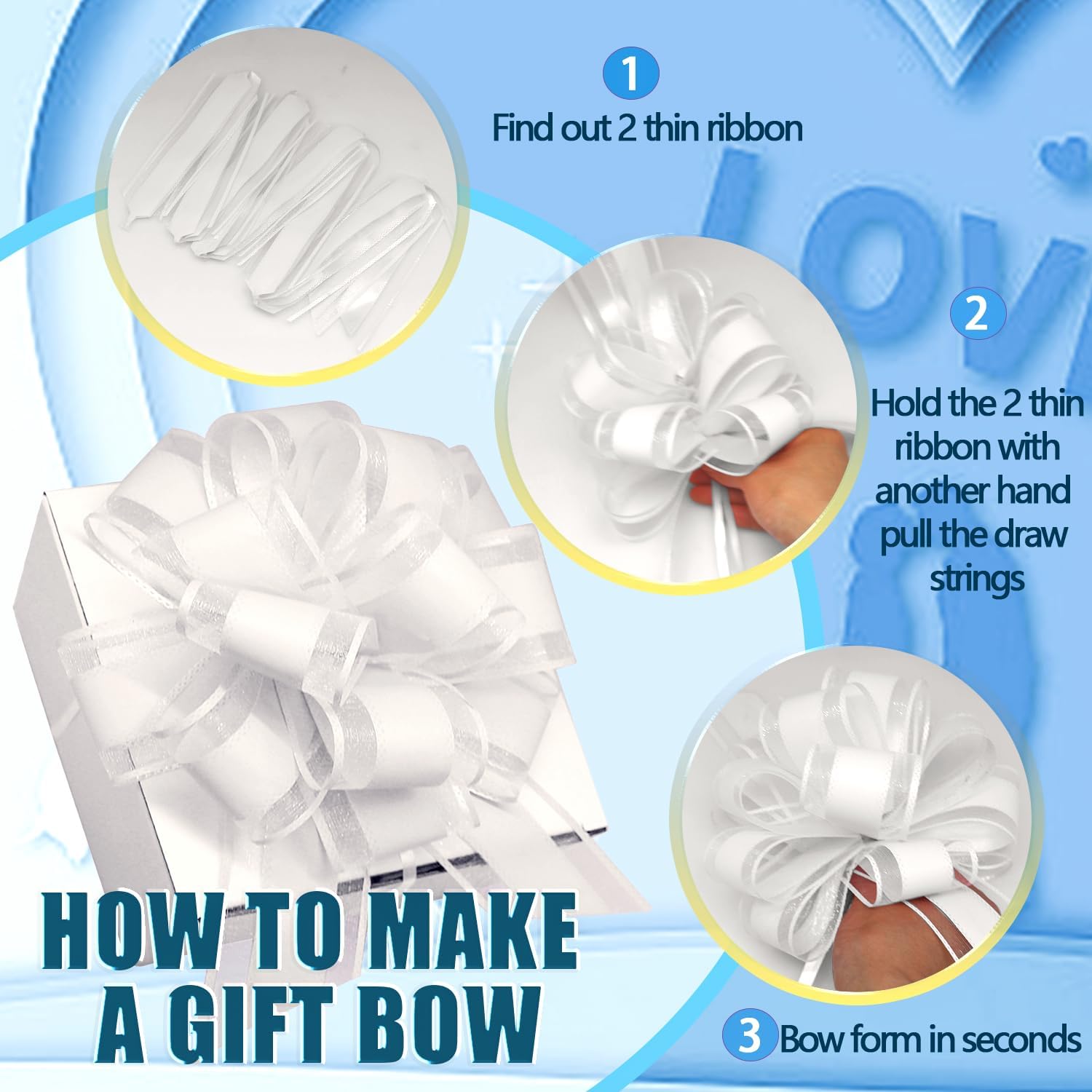 FQTANJU 5 PCS 6 inches Large Pull Bows, White Organza Wedding Gift Wrapping Ribbon Bows for Gift Baskets, Christmas, Birthday Parties - Image 4